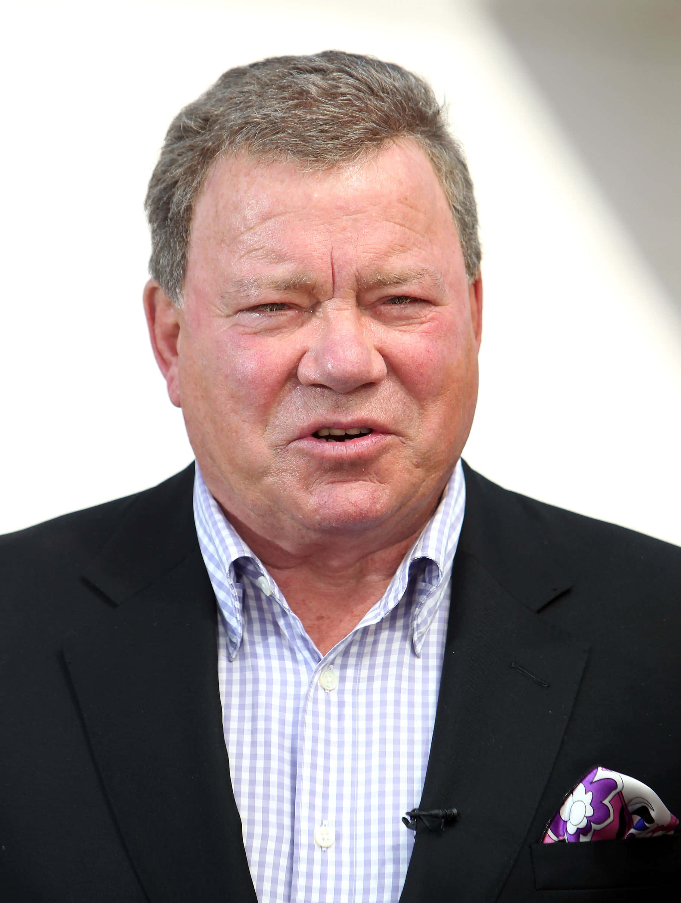 William Shatner, black suit, checkered shirt, 2K Phone Wallpaper