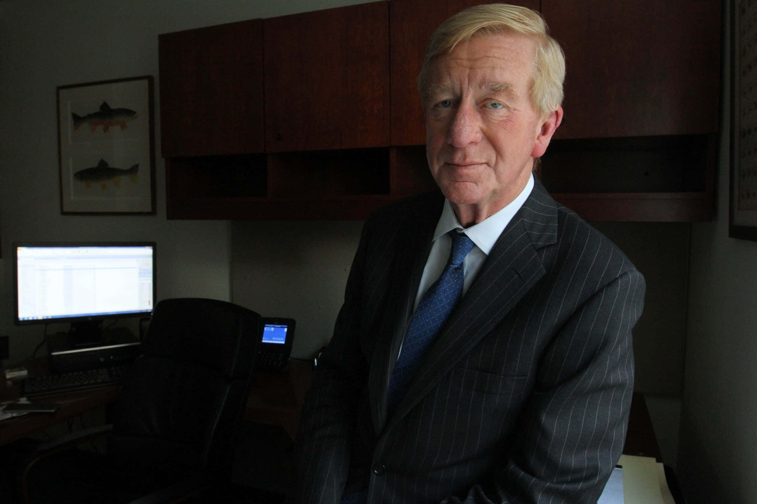 William Weld, pinstripe suit, dimly lit office, 2K Desktop Wallpaper