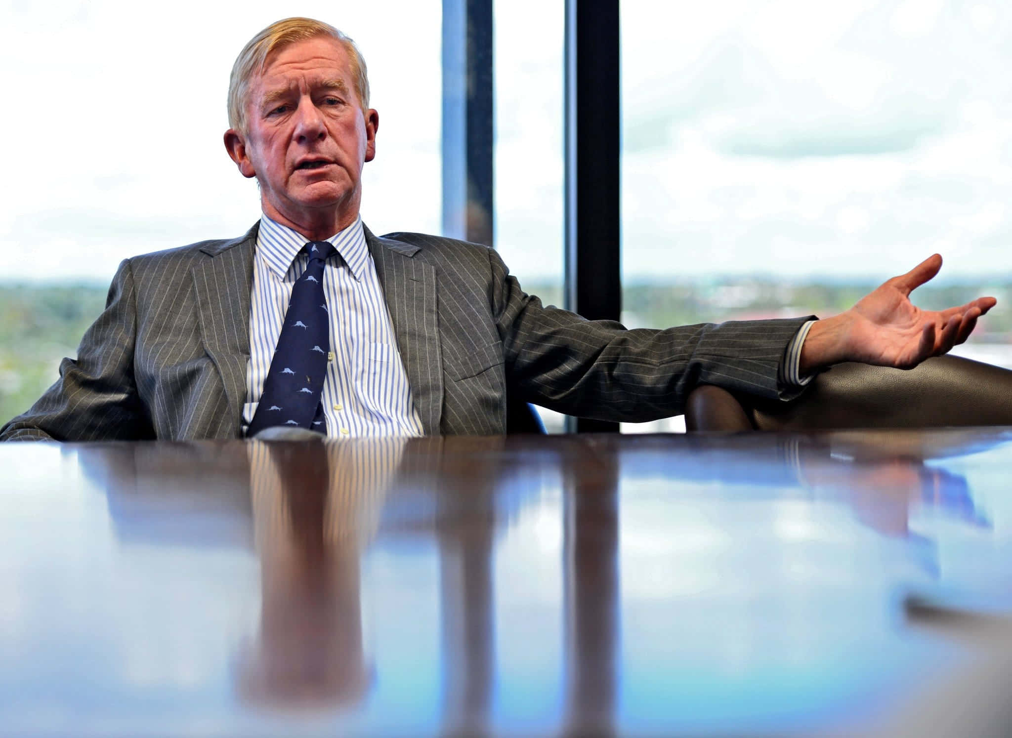 William Weld, pinstripe suit, reflective conference table, Full HD Desktop Wallpaper