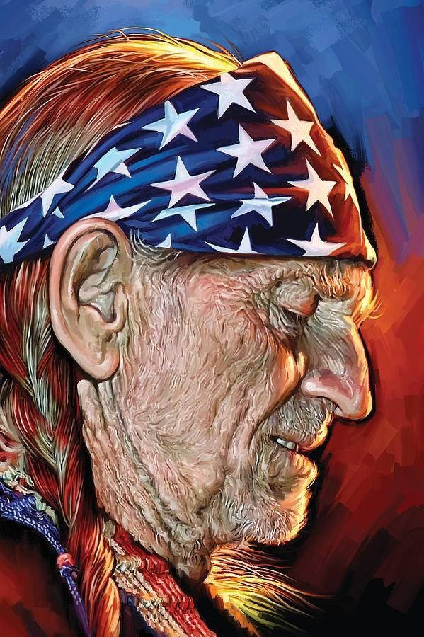 Willie Nelson, star-spangled bandana, vibrant red and blue background, SD Phone Wallpaper