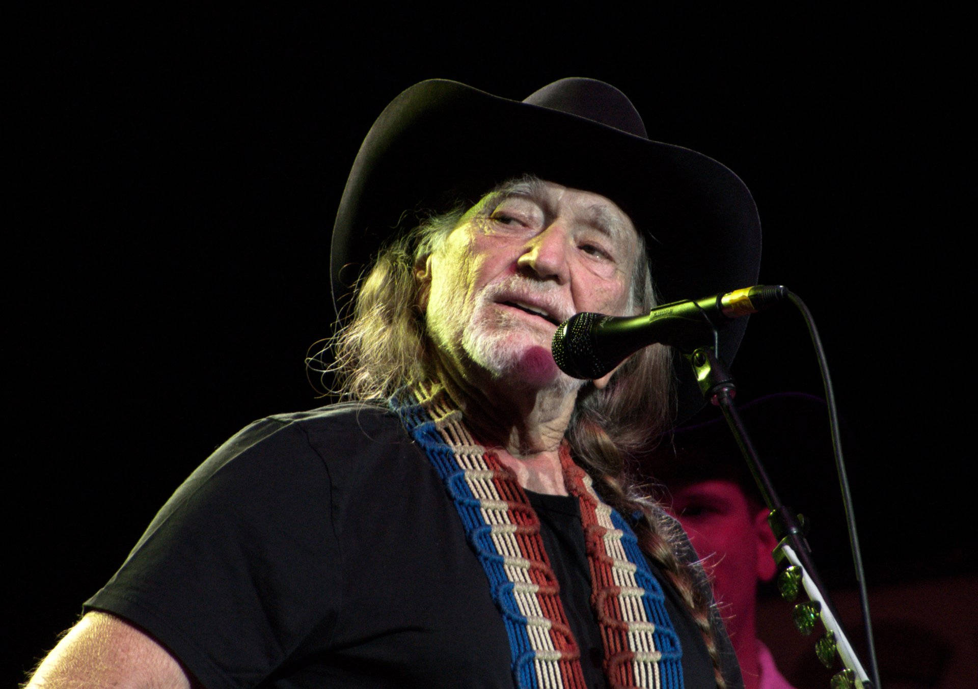 Willie Nelson, black cowboy hat, microphone, Full HD Desktop Wallpaper