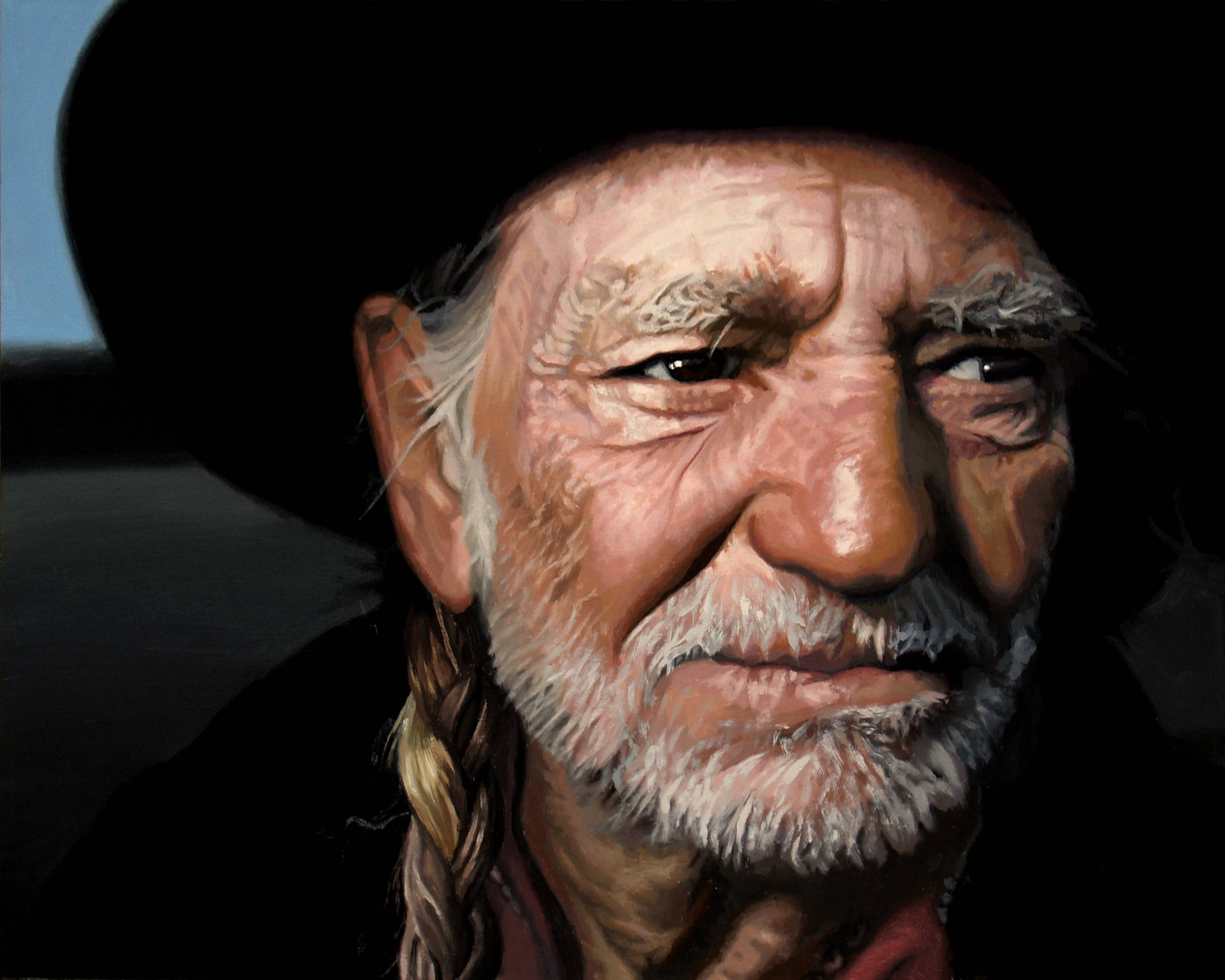 Willie Nelson, black hat, braided white beard, Full HD Desktop Wallpaper