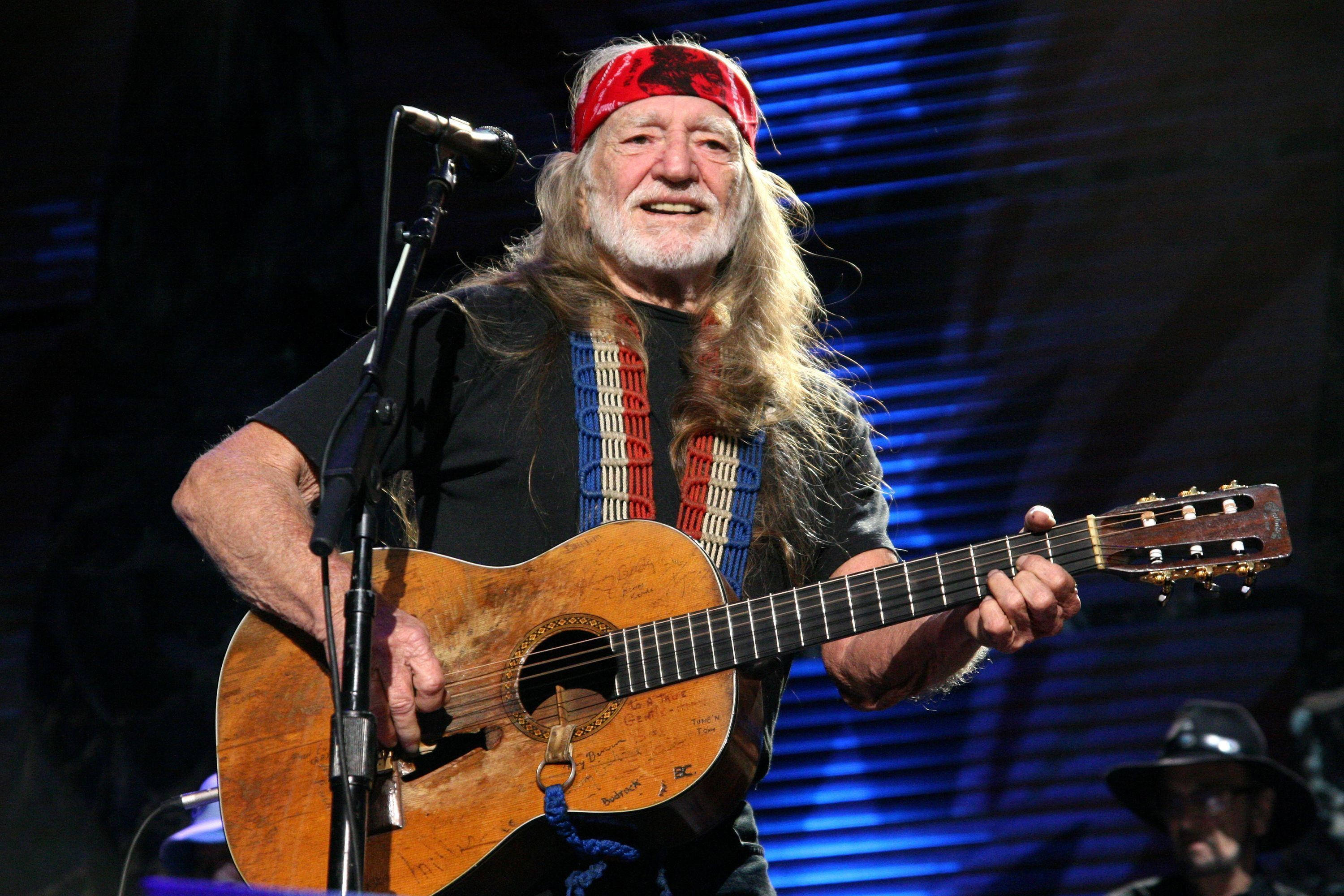 Willie Nelson, acoustic guitar, blue lights, 2K Desktop Wallpaper