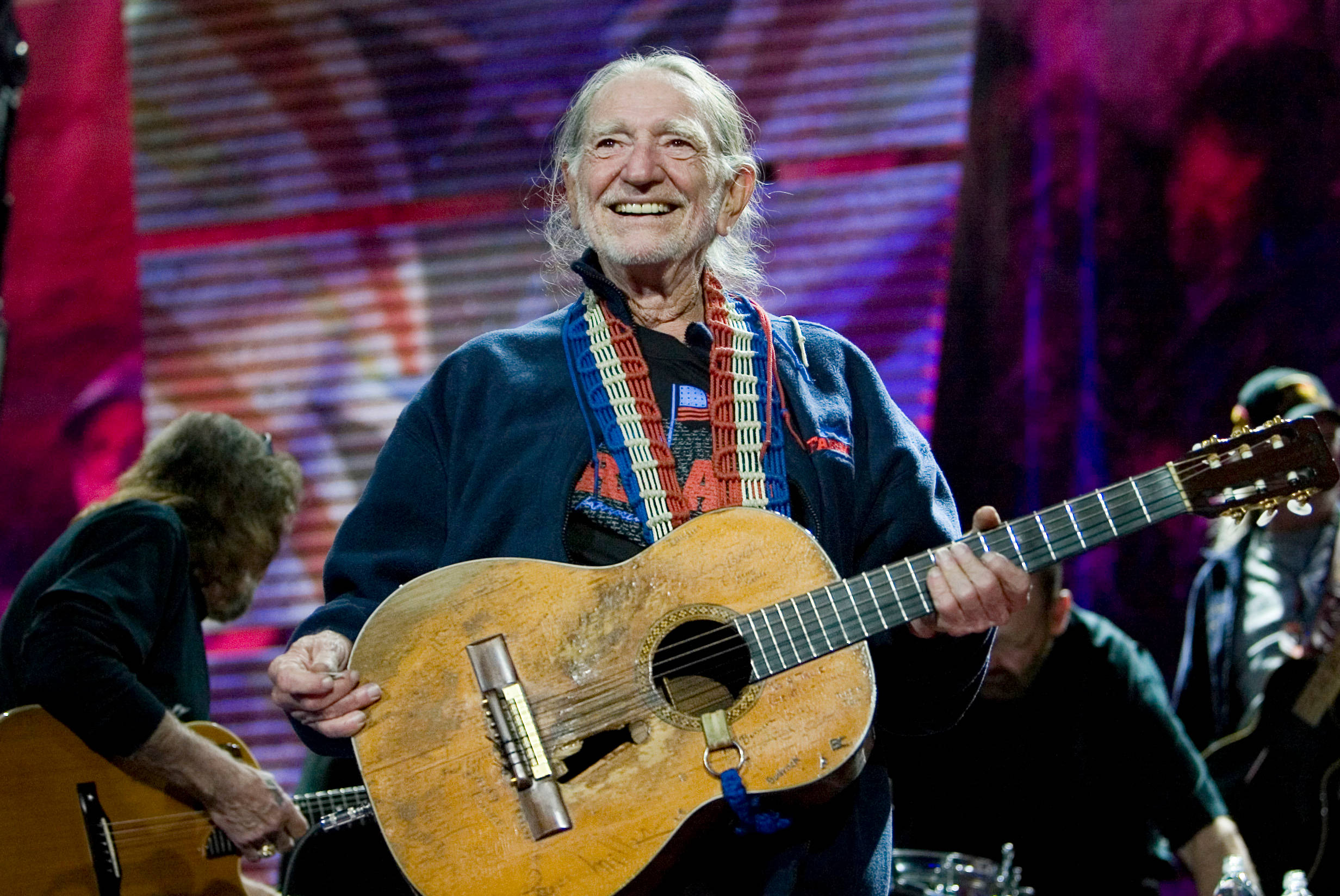 Willie Nelson, acoustic guitar, vibrant stage, Full HD Desktop Wallpaper