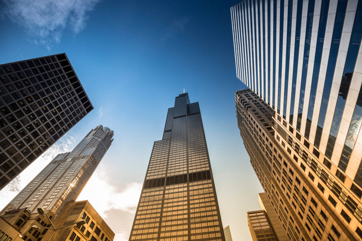 Willis Tower, glass wall, golden sunlight, SD Desktop Wallpaper
