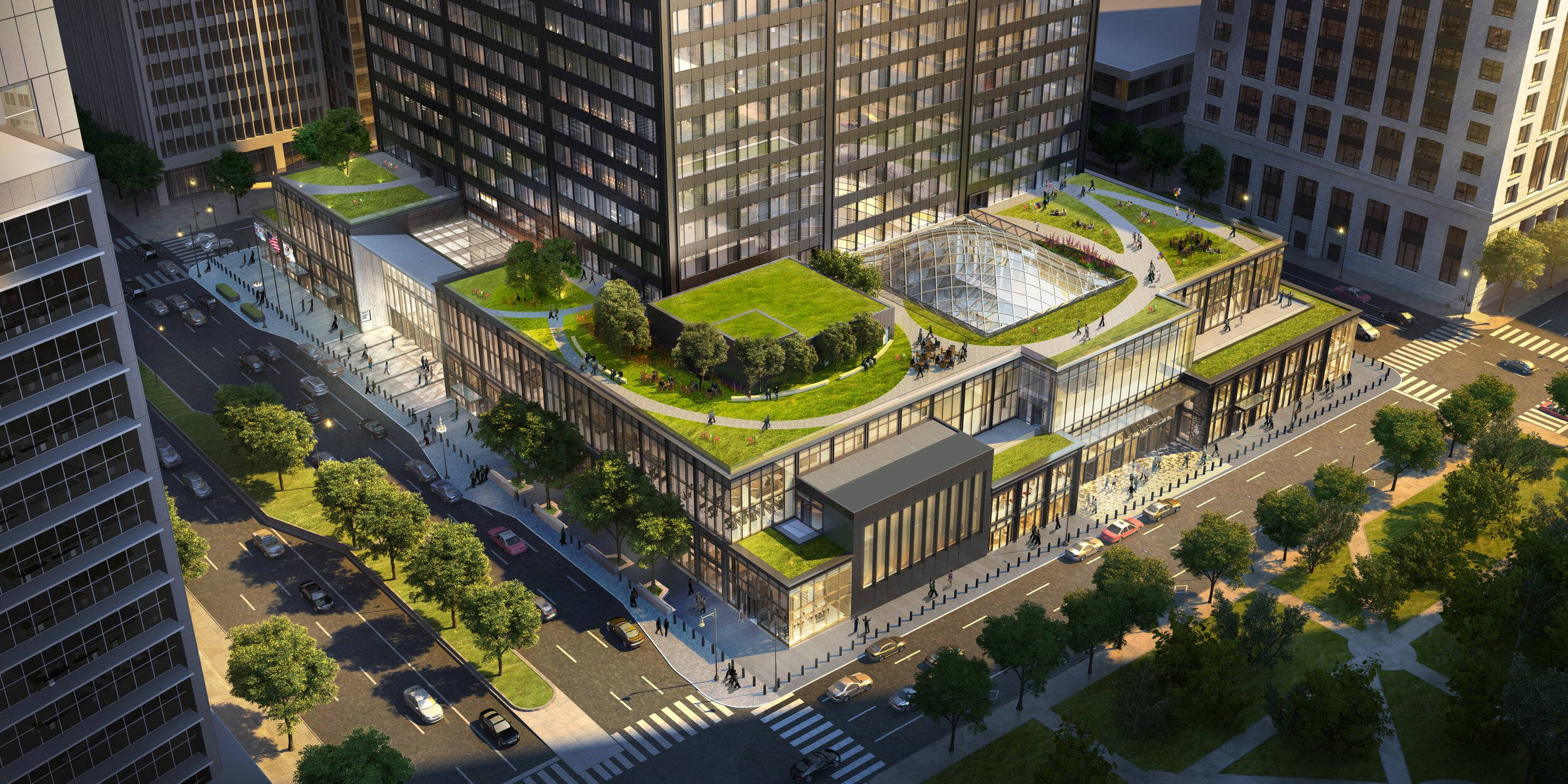 Willis Tower, green rooftops, glass atrium, Full HD Desktop Wallpaper