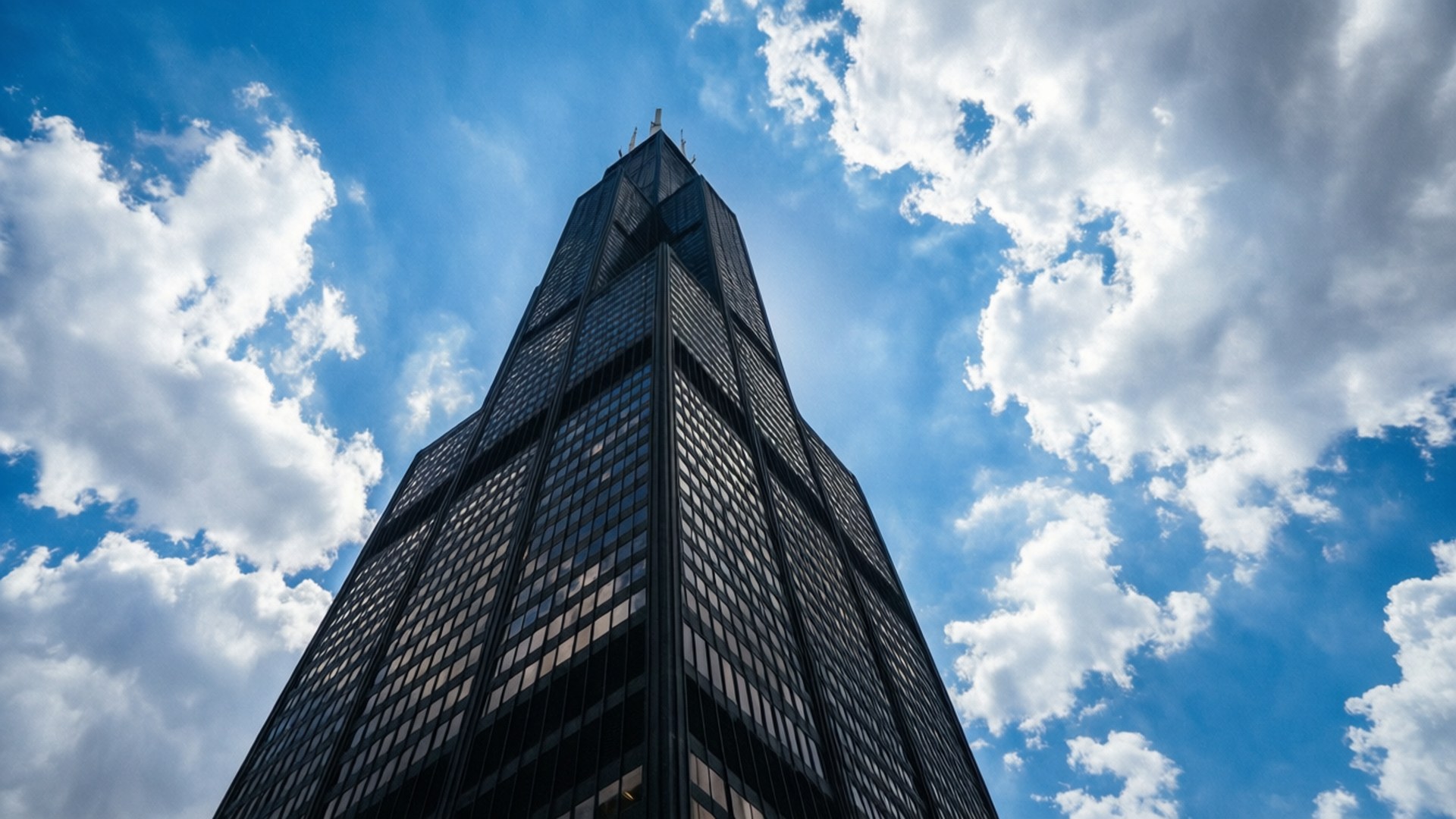 Willis Tower, vibrant blue sky, fluffy white clouds, Full HD Desktop Wallpaper