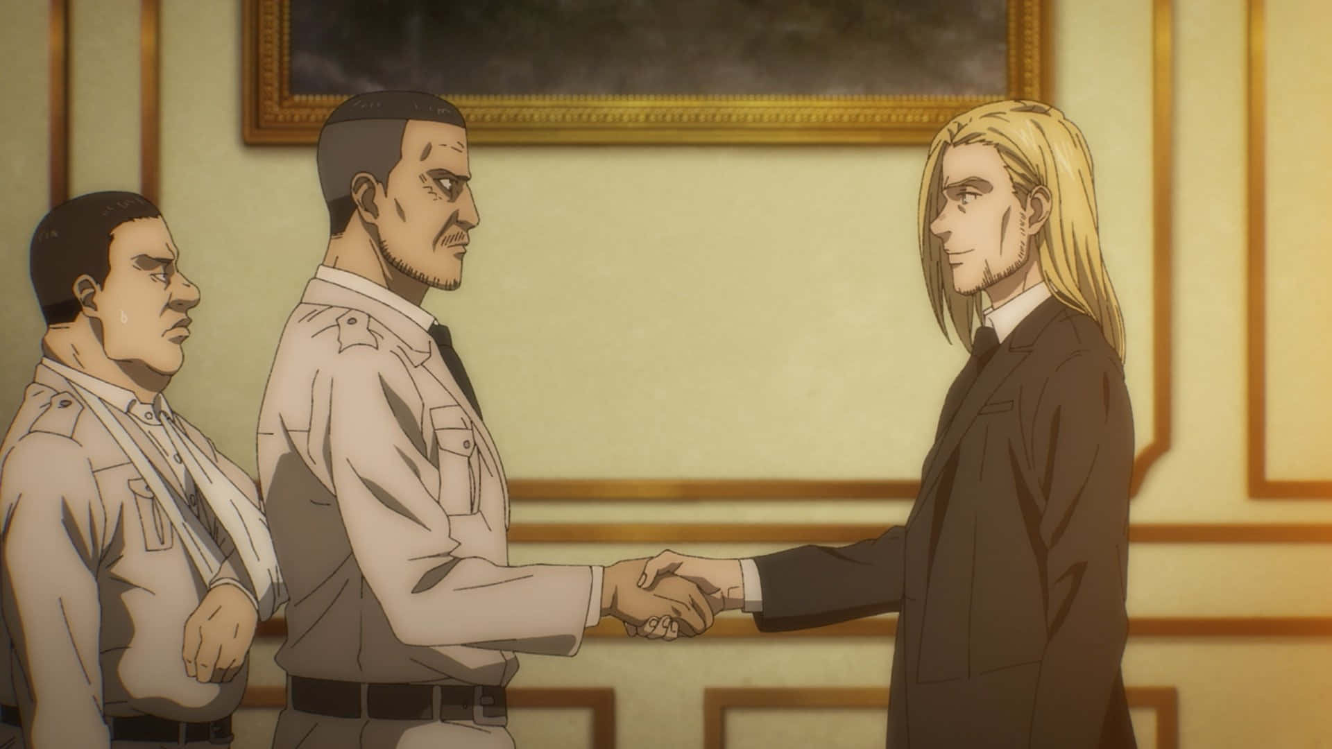 Willy Tybur, handshake scene, formal attire, Full HD Desktop Wallpaper