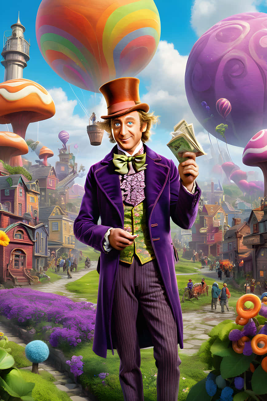 Willy Wonka, candy-colored balloons, mushroom houses, HD Phone Wallpaper