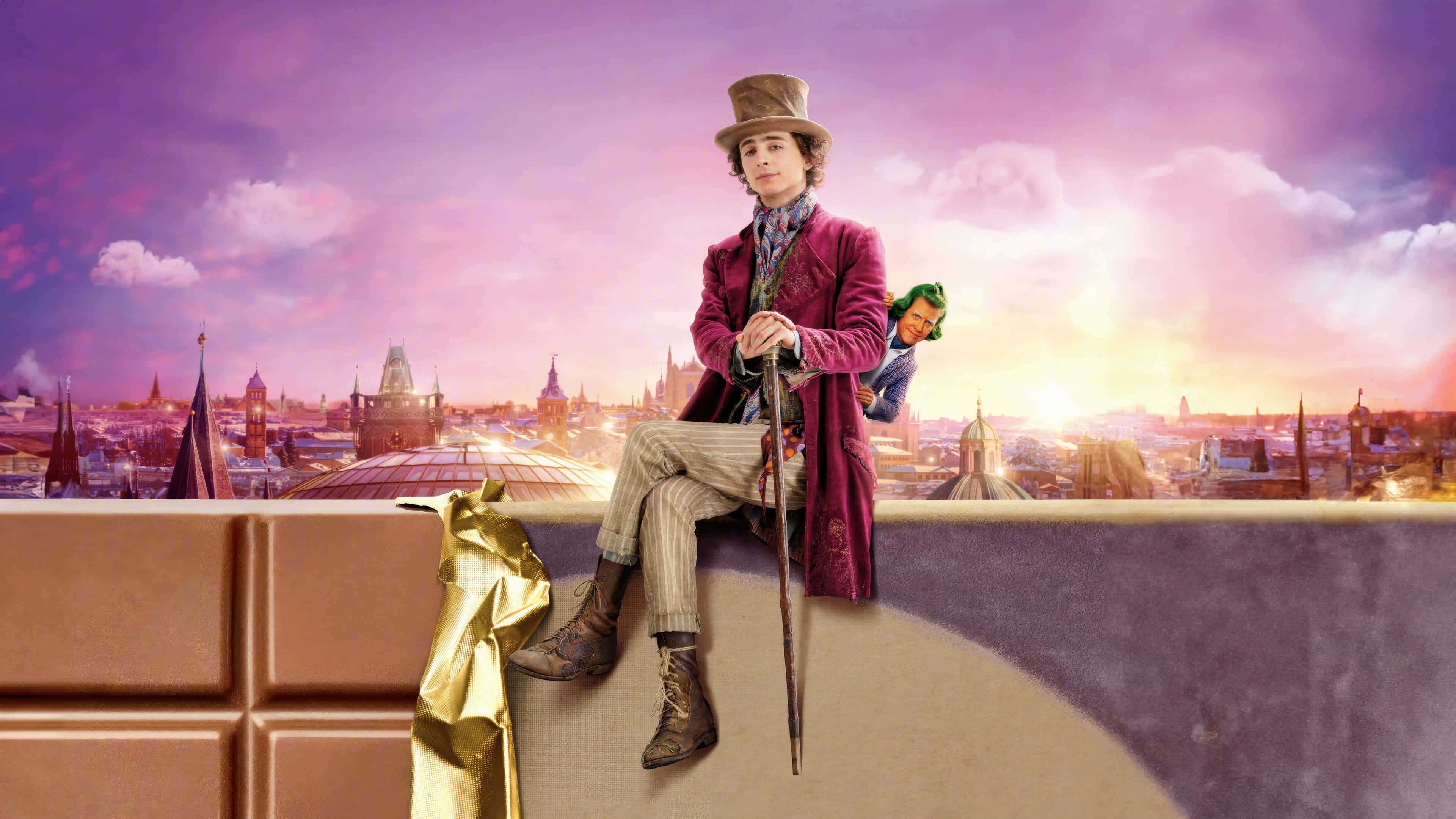 Willy Wonka, chocolate bar, cityscape, 4K Desktop Wallpaper