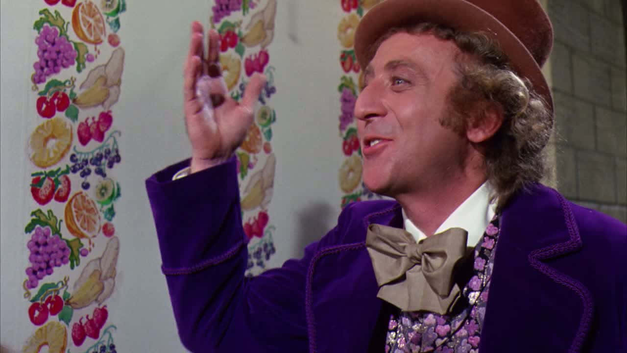 Willy Wonka, purple velvet suit, brown hat, HD Desktop Wallpaper
