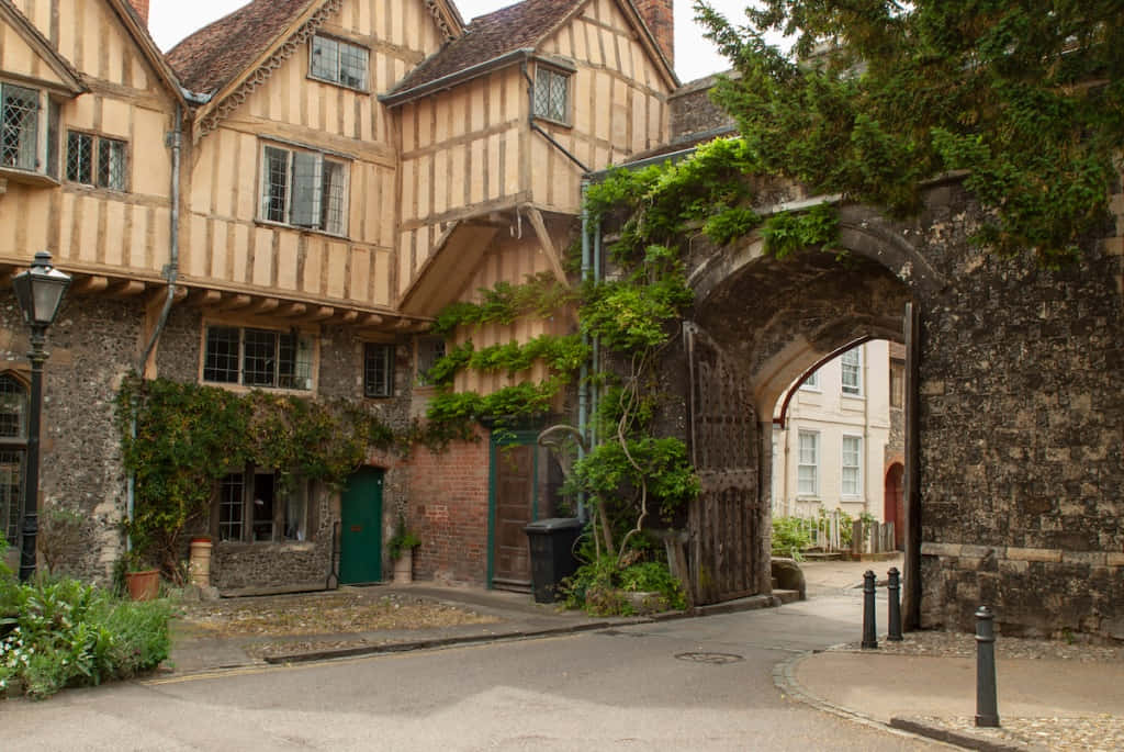 Winchester, historic timber-framed building, ivy-covered walls, SD Desktop Wallpaper