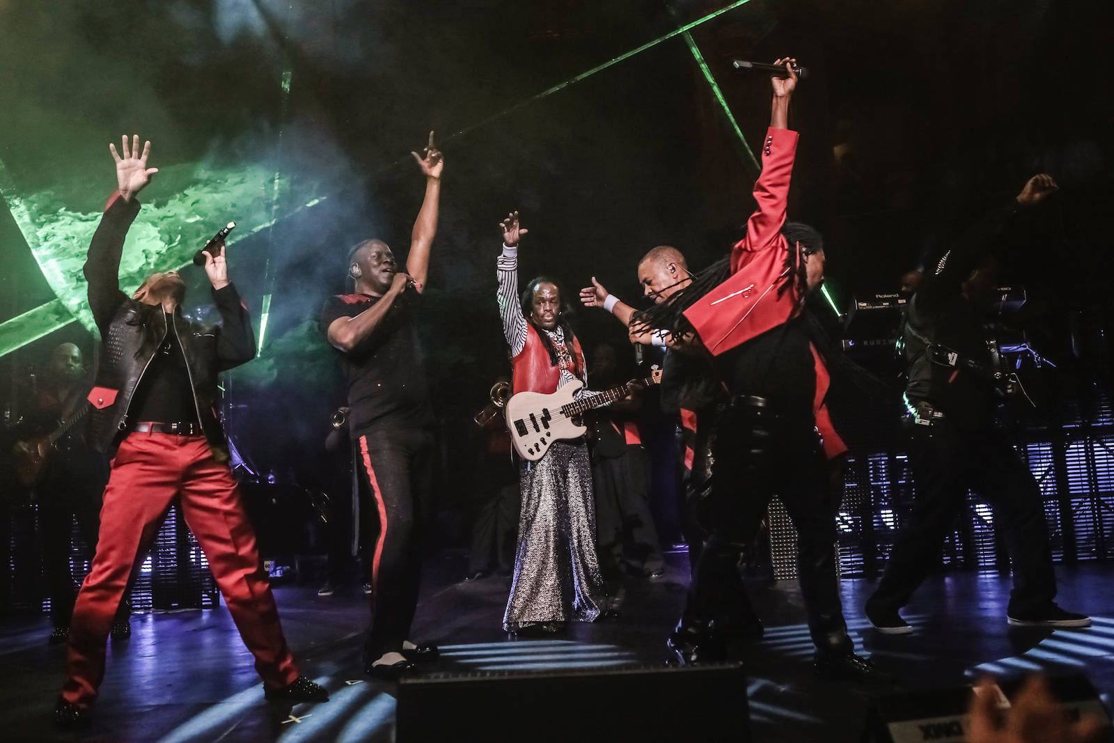 Earth, Wind And Fire, red and black outfits, green laser lights, HD Desktop Wallpaper