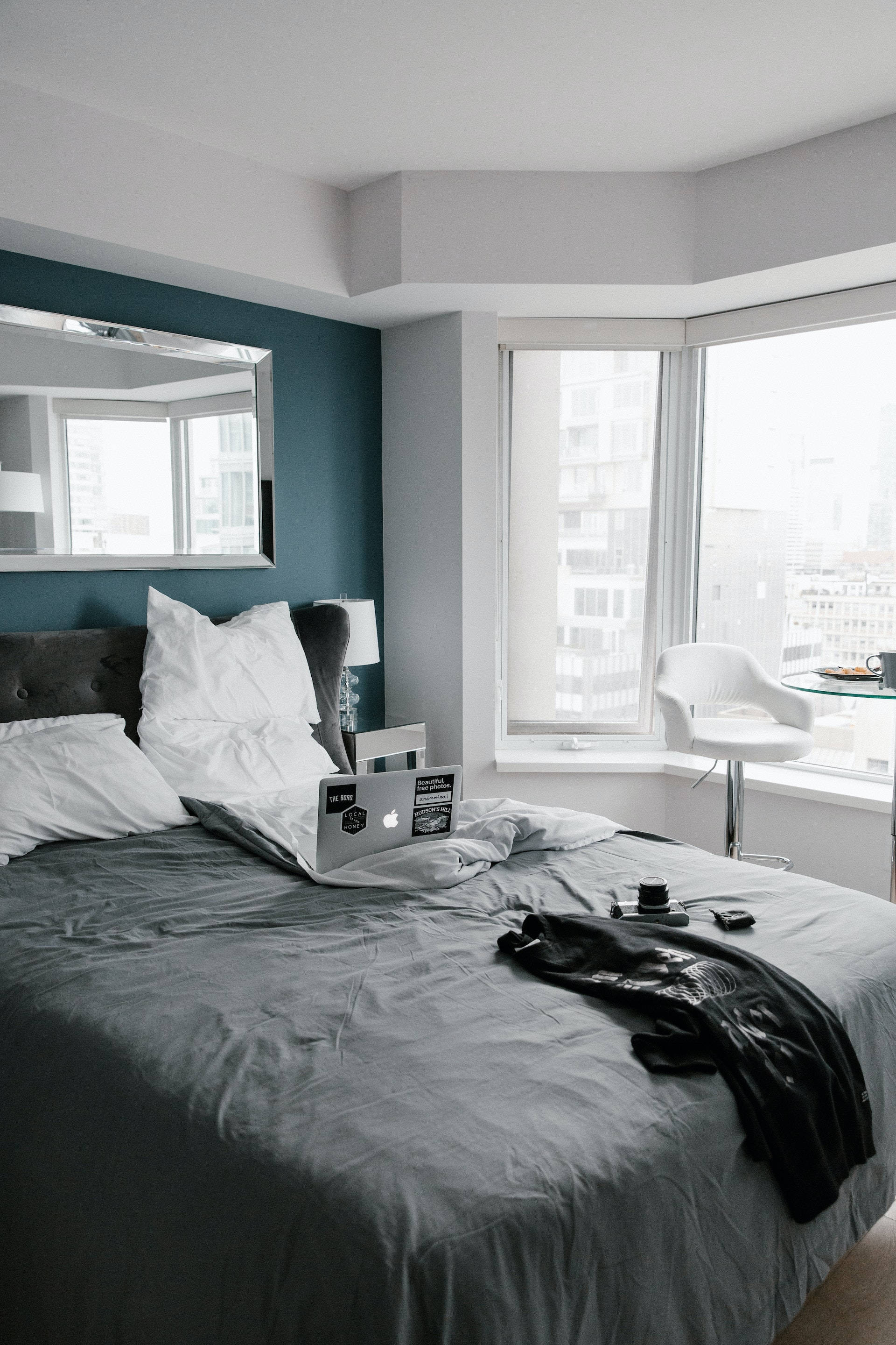 city view, large window, modern bedroom, 2K Phone Wallpaper