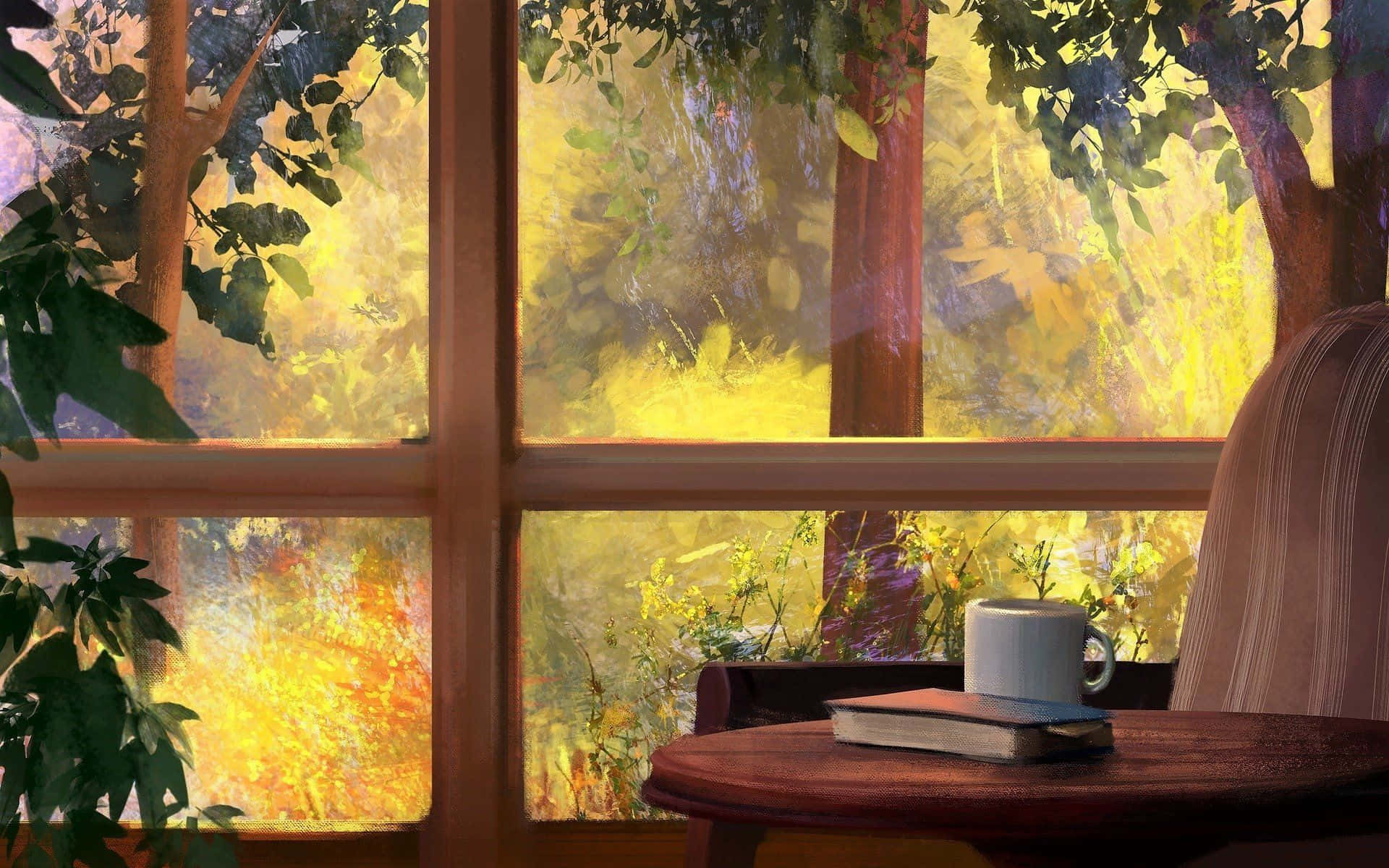 Window, wooden table, mug, Full HD Desktop Wallpaper