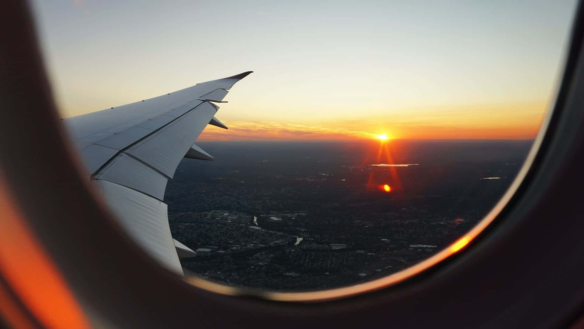 airplane window, sunset, orange sky, Full HD Desktop Wallpaper
