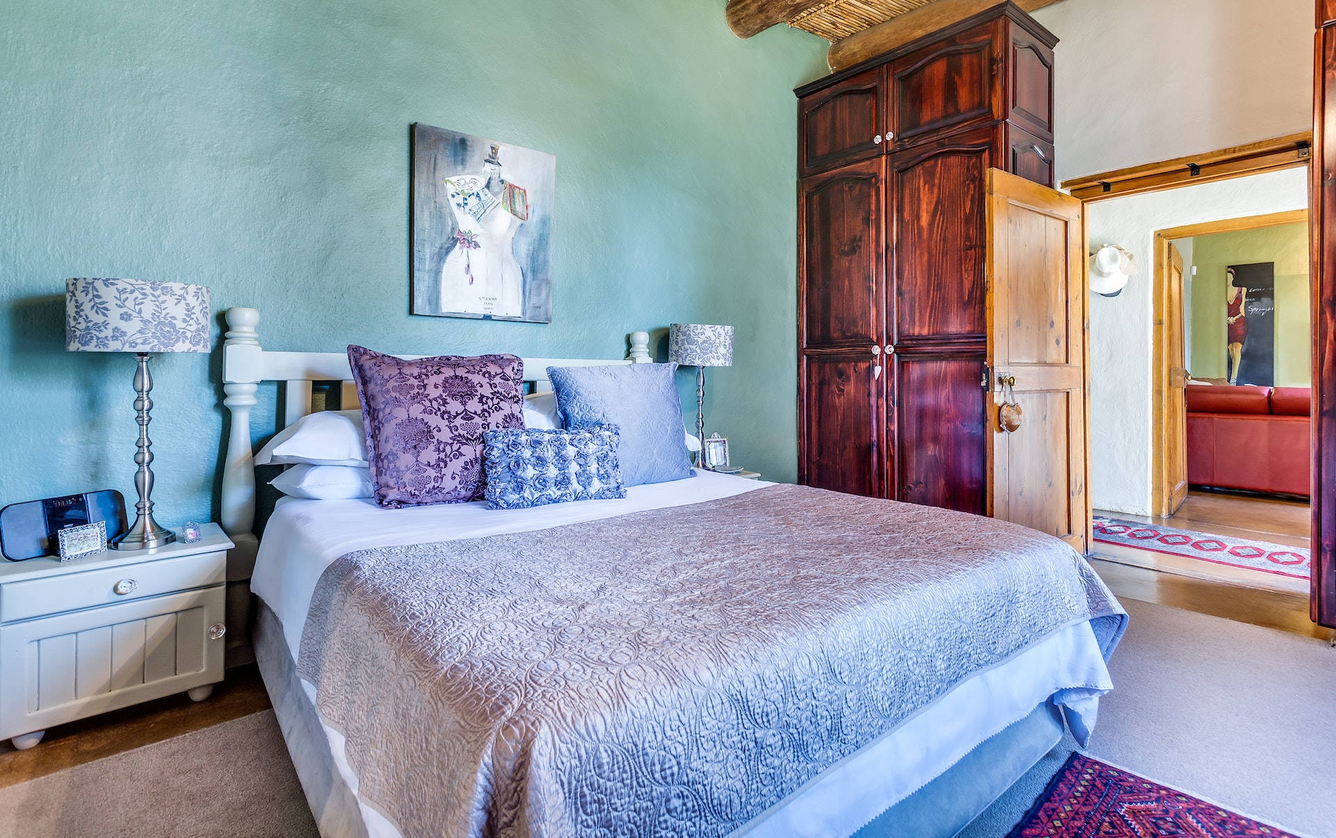 floral purple bedroom, teal walls, blue and purple patterned linens, Full HD Desktop Wallpaper