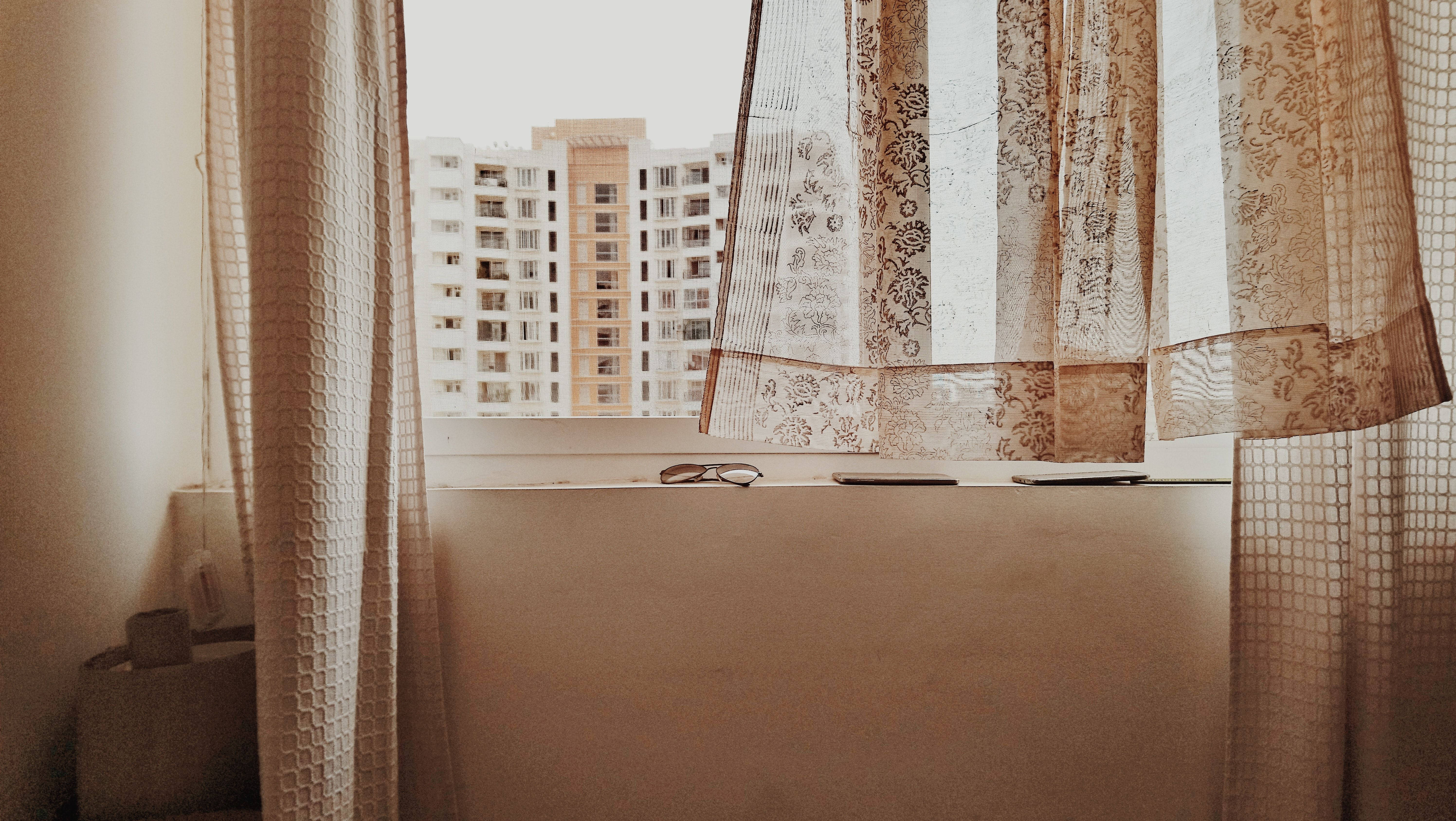 beige background, window, soft beige curtains, 5K Desktop Wallpaper