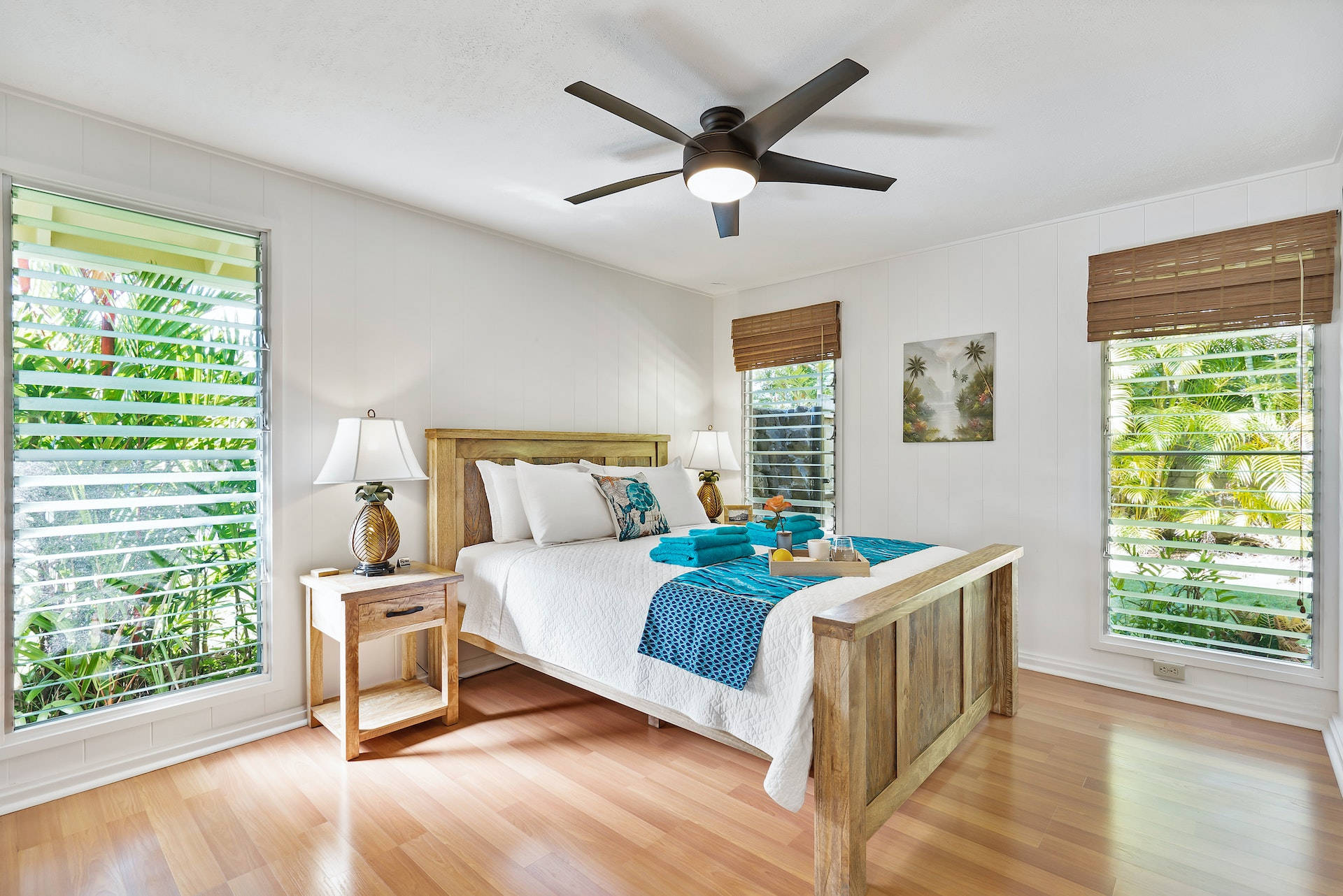 bedroom, wide louver windows, tropical bedroom, Full HD Desktop Wallpaper