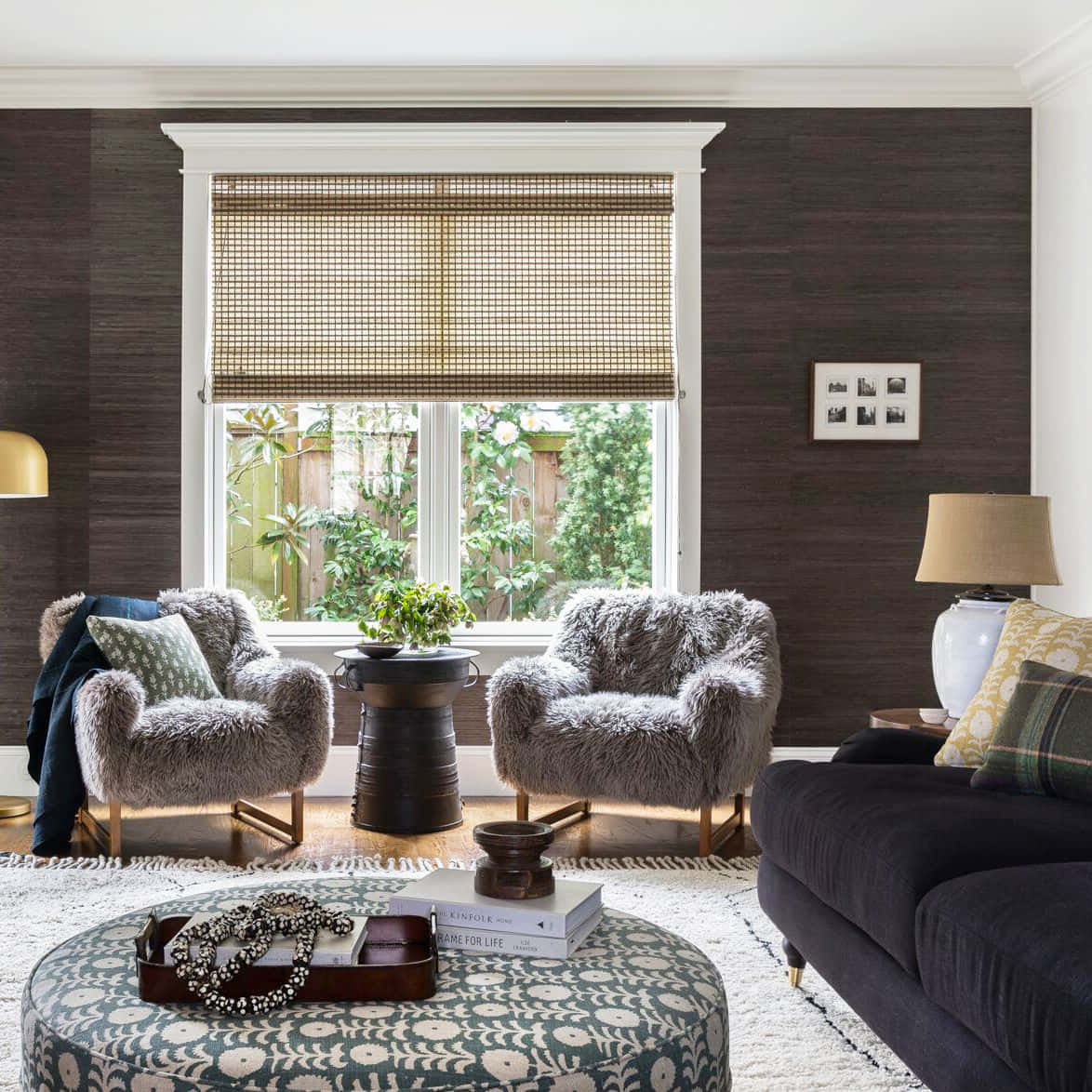 Window, cozy living room, plush gray fur chairs, SD Desktop Wallpaper