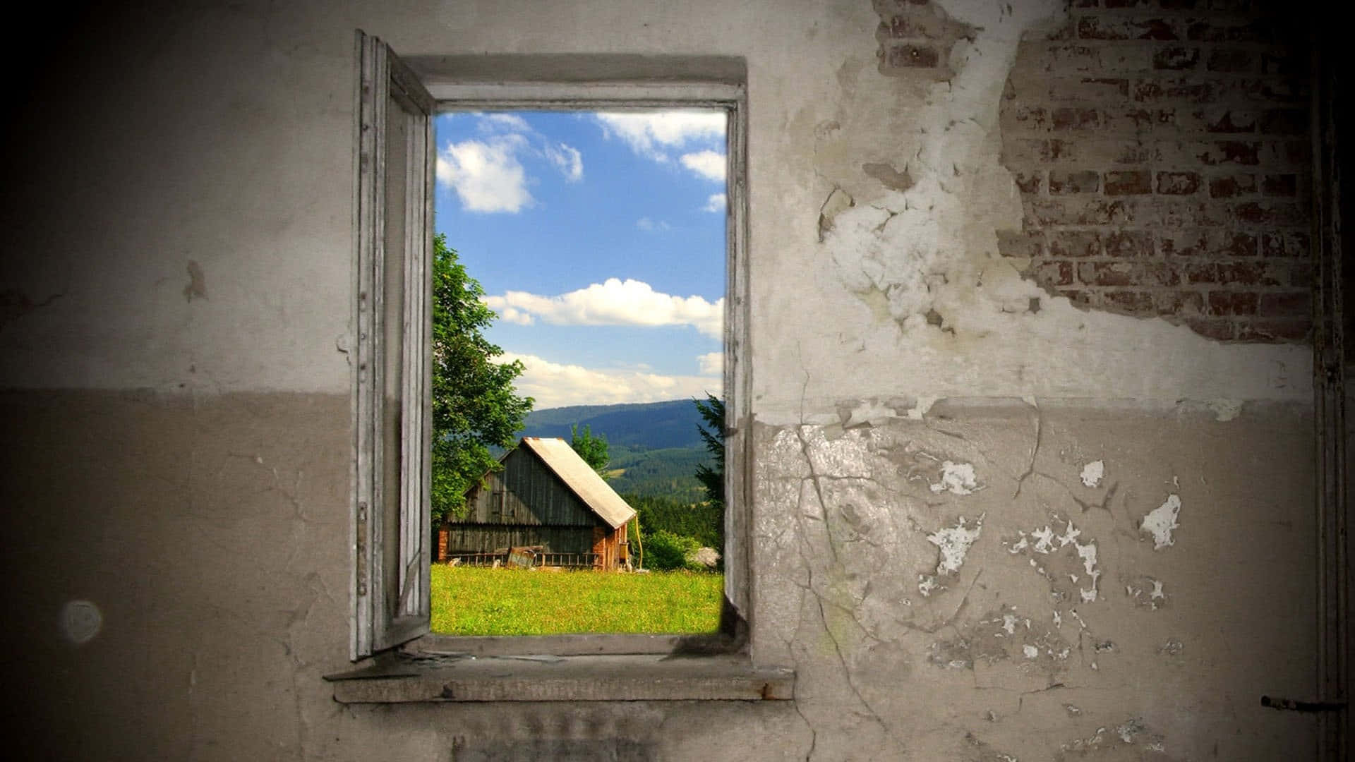 window, crumbling wall, vibrant green field, Full HD Desktop Wallpaper