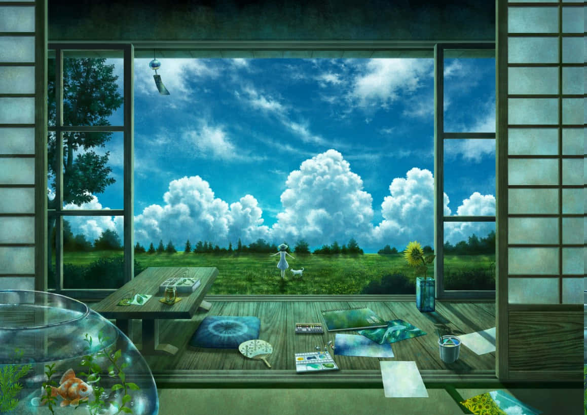 Japanese-style room, vibrant green field, bright blue sky, SD Desktop Wallpaper