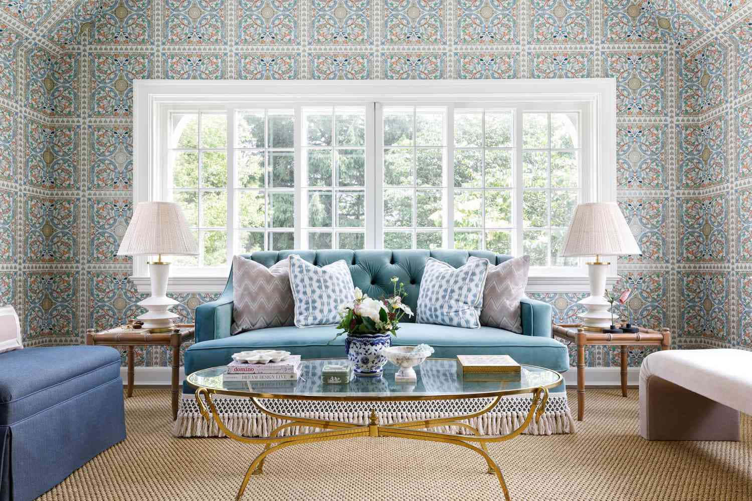 white window, teal tufted sofa, ornate blue and gold patterned wallpaper, HD Desktop Wallpaper