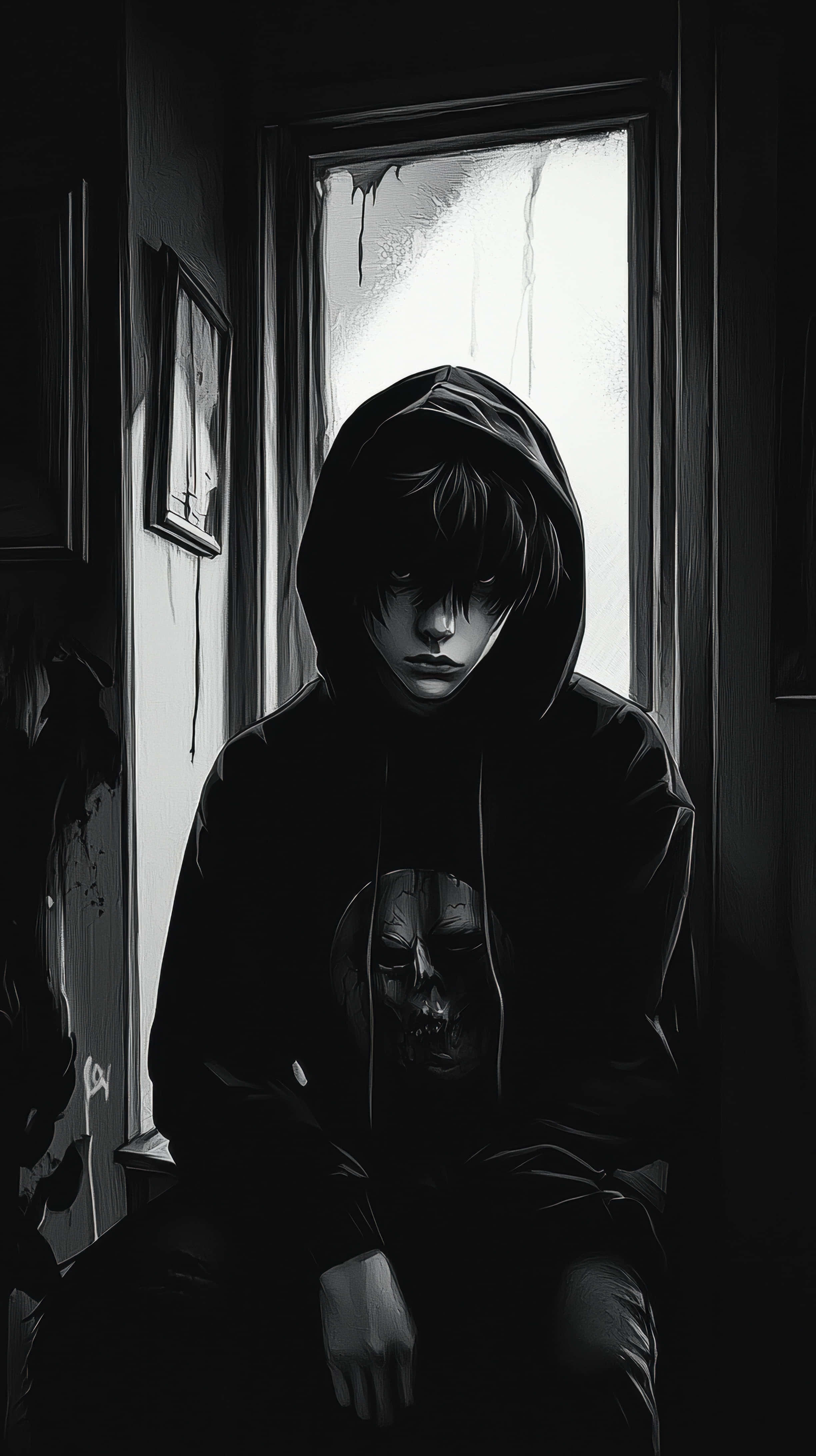 hooded figure, frosted window, gloomy room, 4K Phone Wallpaper