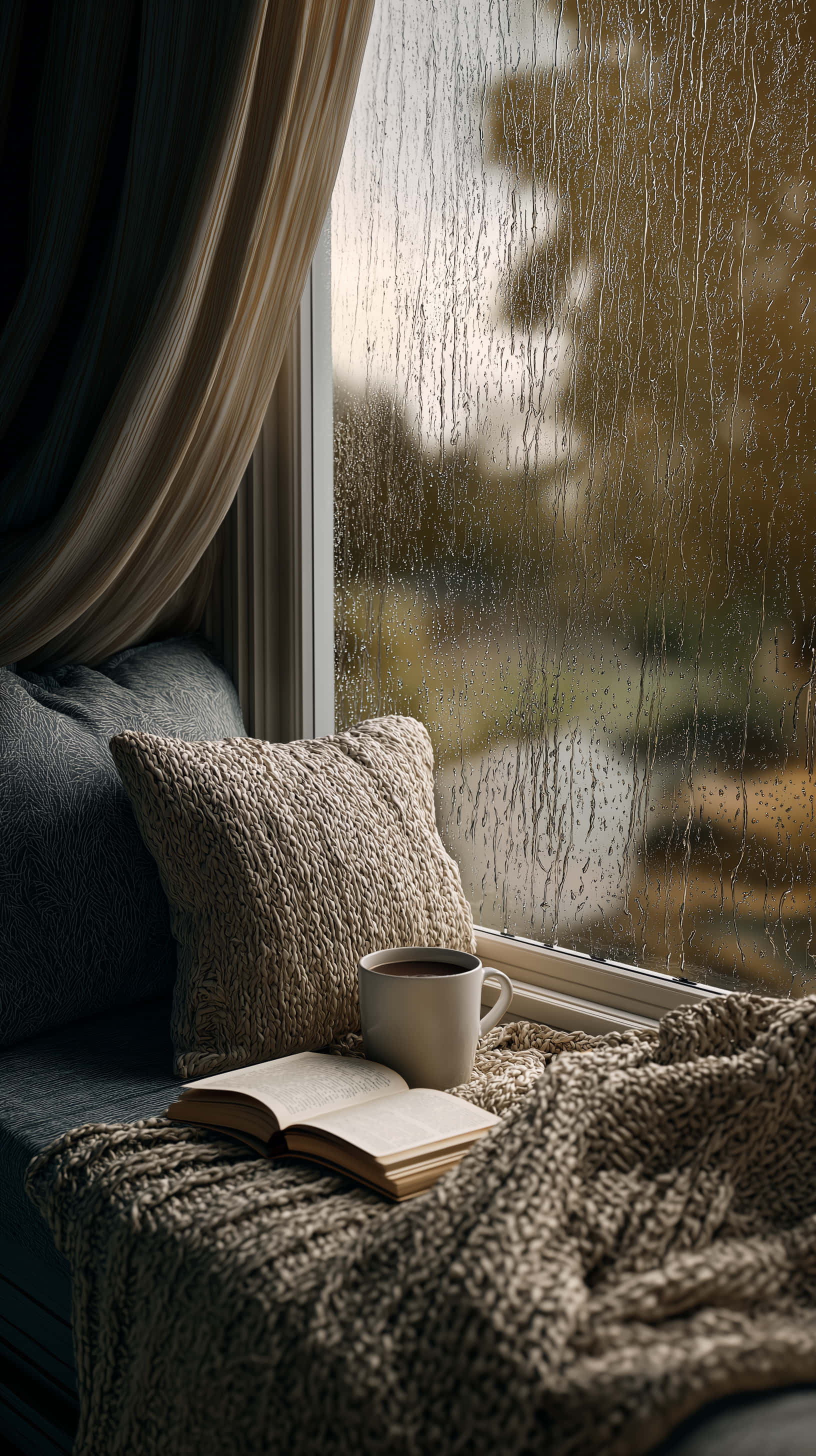 window seat, textured beige knit blanket, open book, 2K Phone Wallpaper
