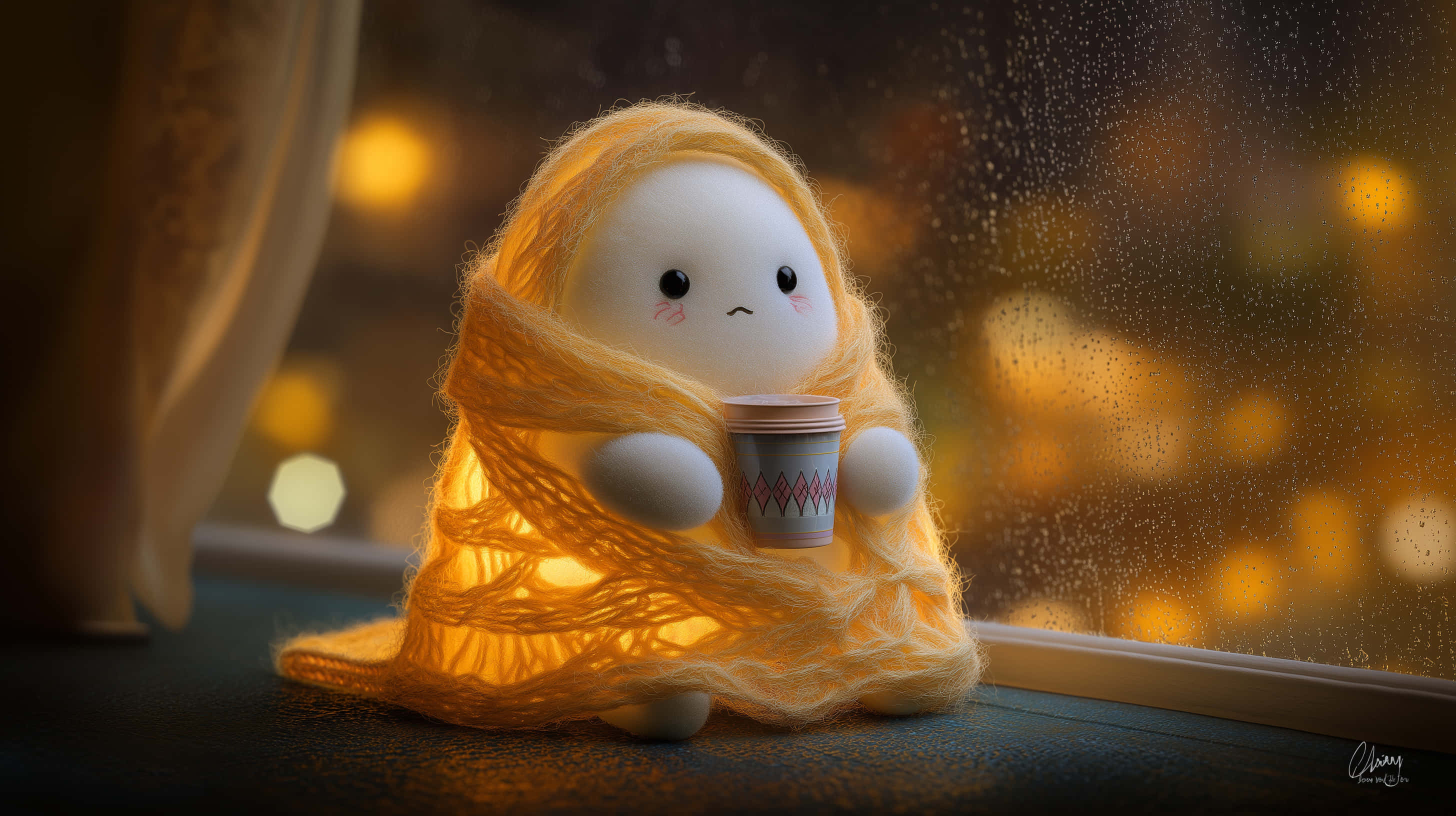sad ghost, knit blanket, rainy window, 2K Desktop Wallpaper