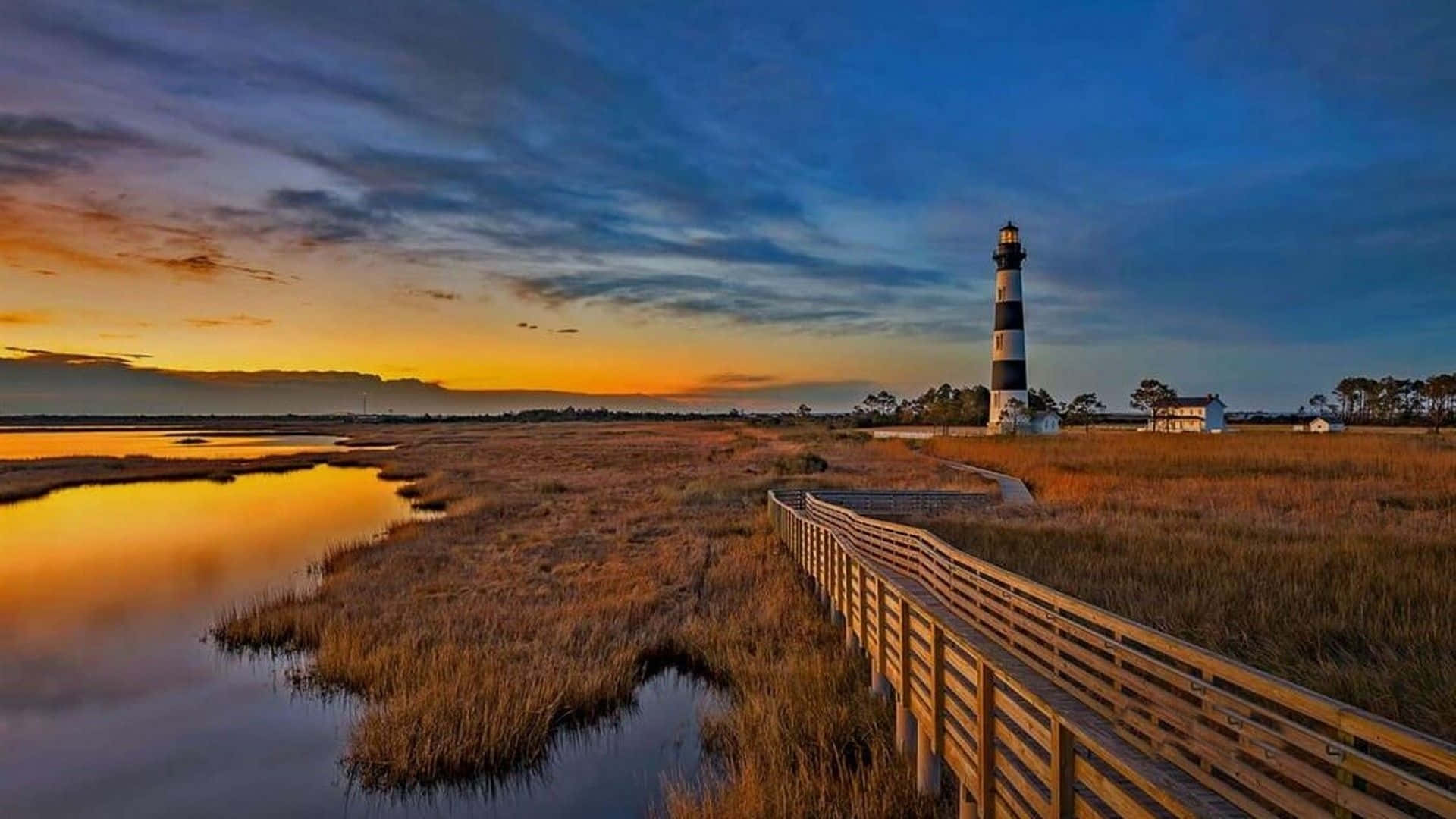 lighthouse, striped lighthouse, sunset, Full HD Desktop Wallpaper