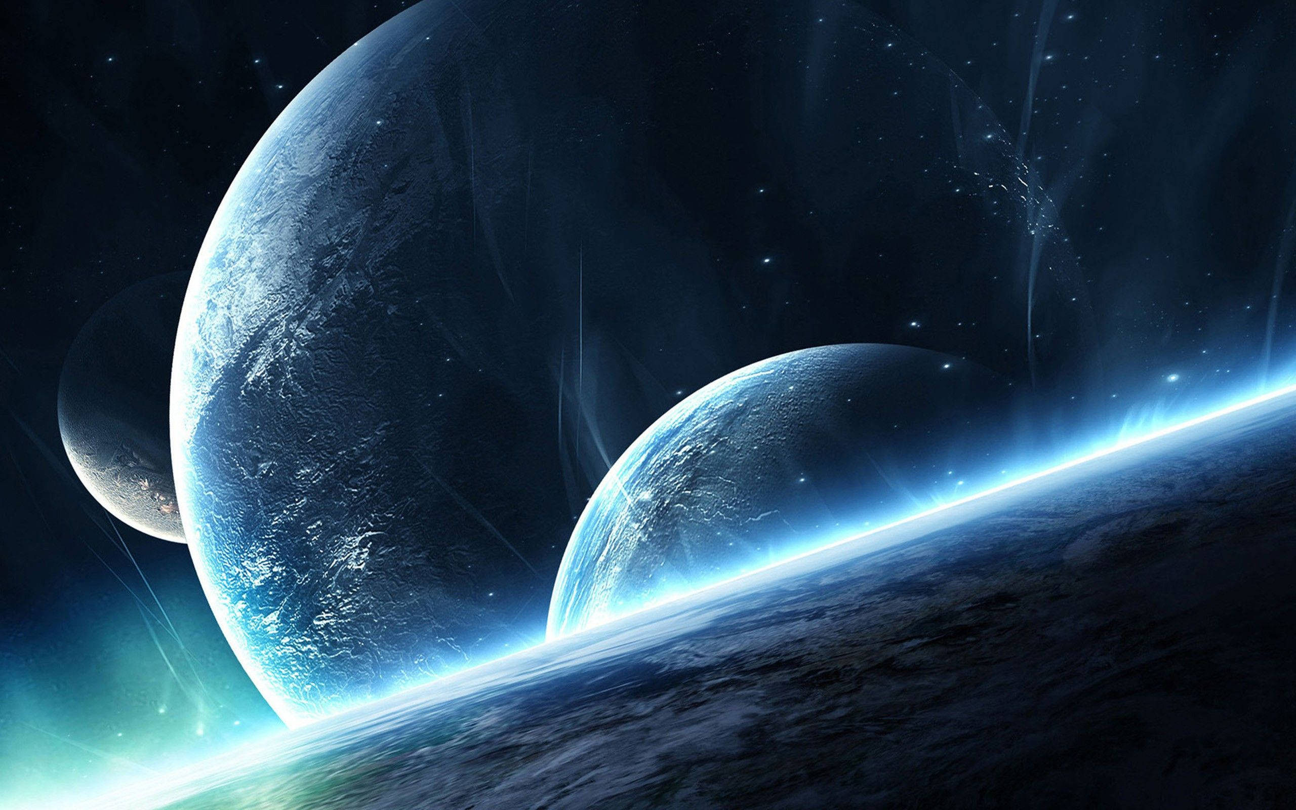 Windows 10 HD, three glowing planets, blue atmospheric halos, 2K Desktop Wallpaper