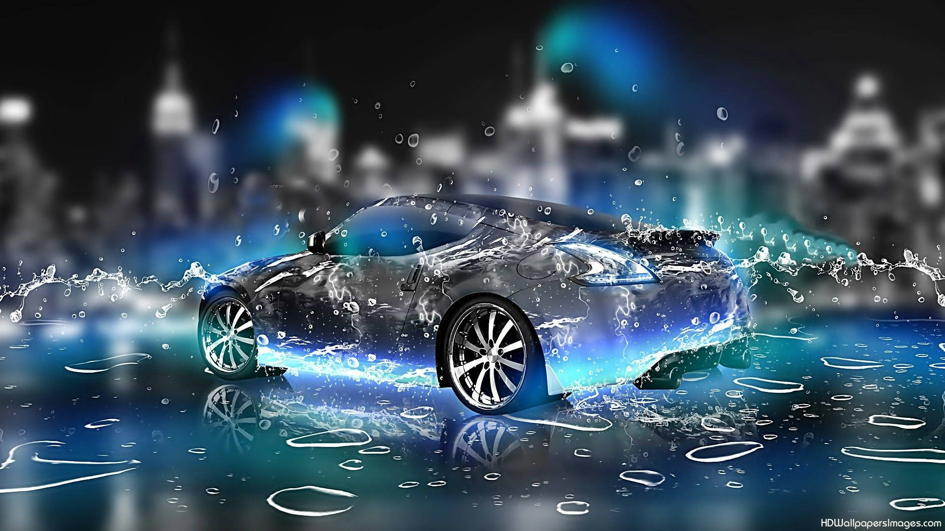 Windows 10 HD, silver sports car, glowing blue water, Full HD Desktop Wallpaper
