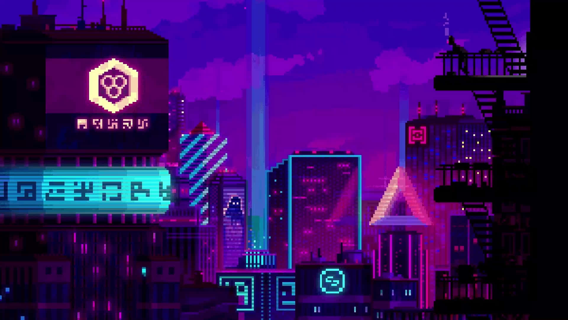 neon cybercity skyline, pixelated neon cityscape, glowing purple pink and blue buildings, Full HD Desktop Wallpaper