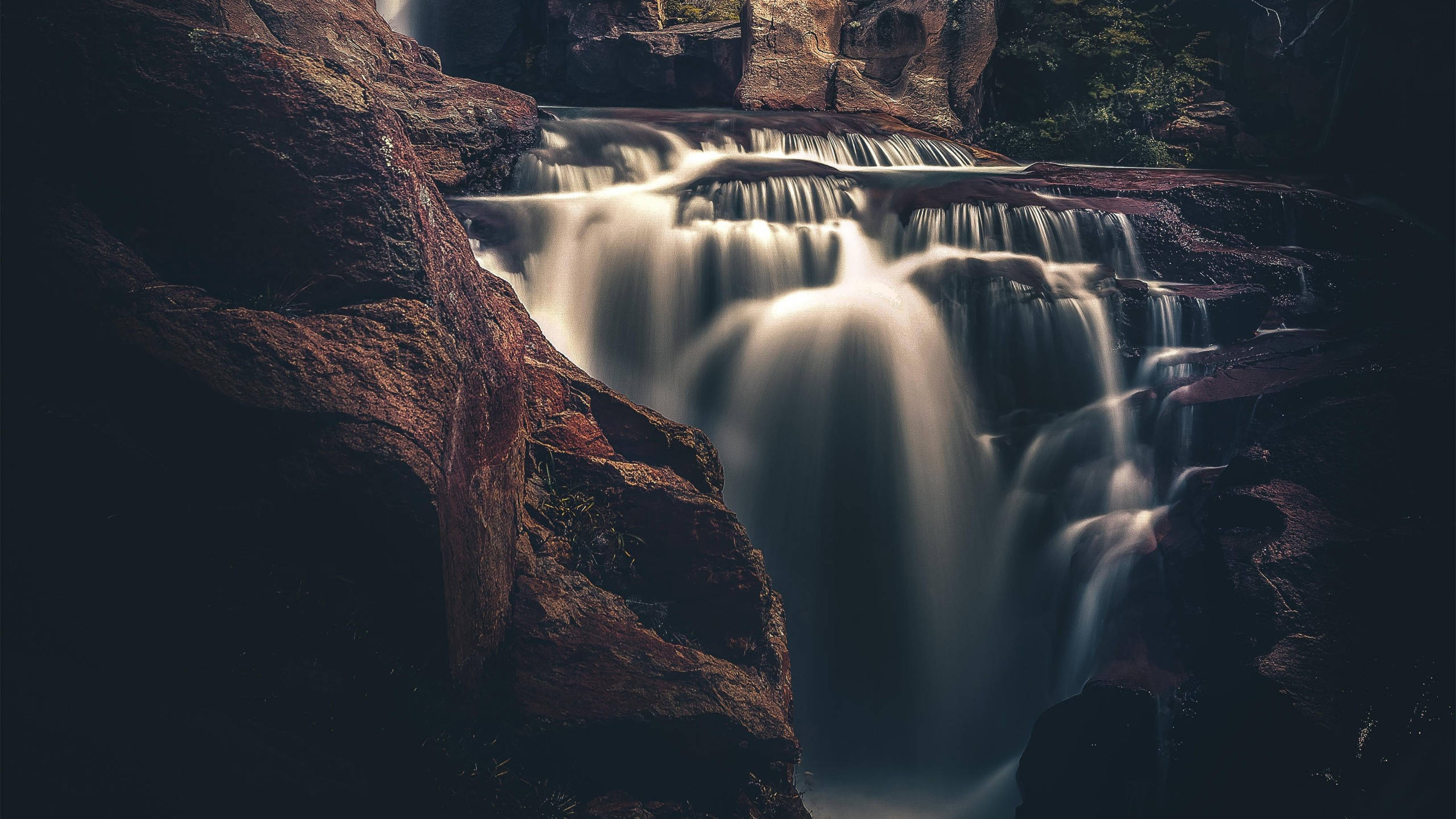 Windows 11 4K, dark waterfalls, multi-tiered waterfall, 2K Desktop Wallpaper