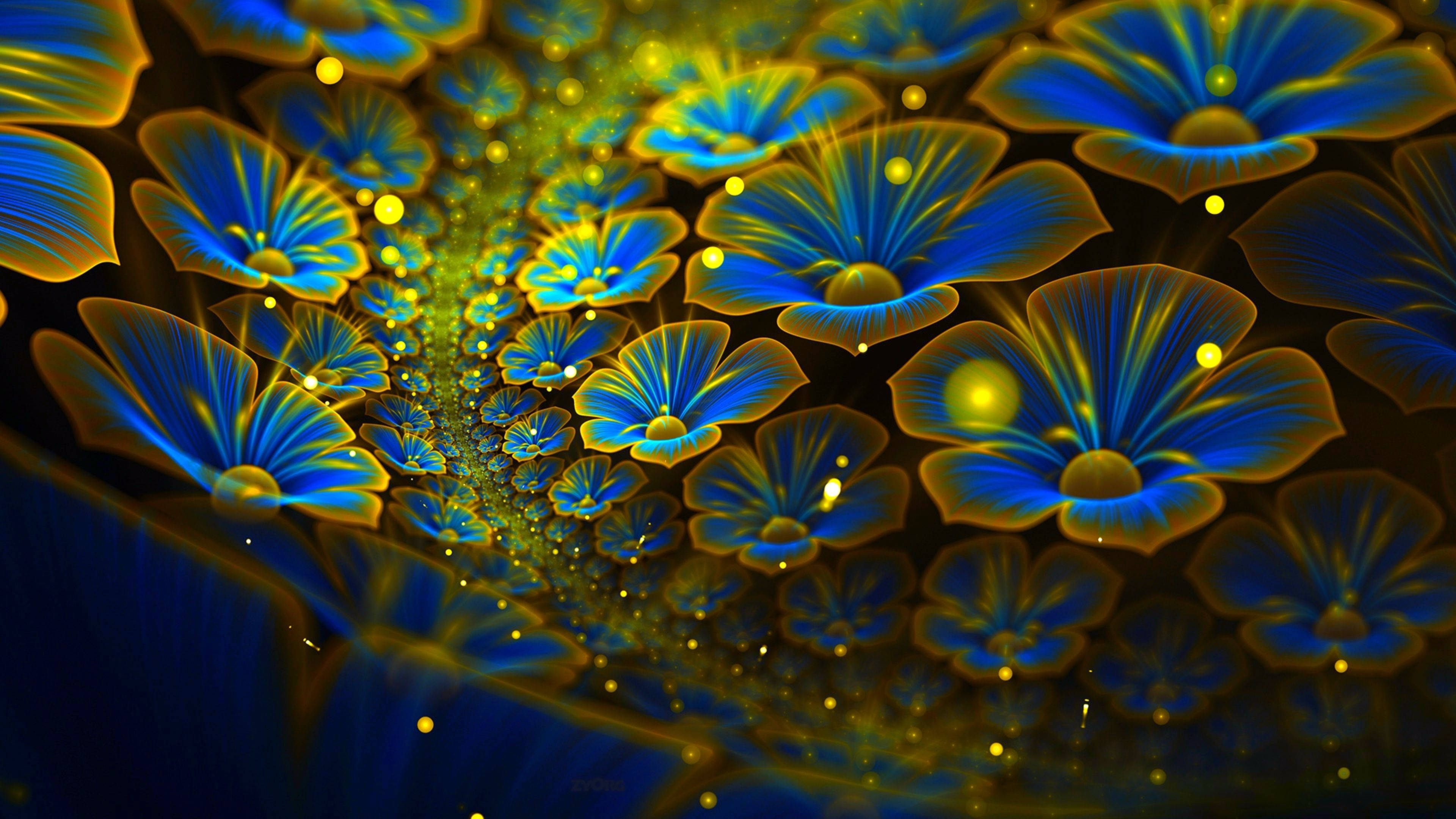 Windows 11 4K, golden blue flowers, glowing blue flowers, 4K Desktop Wallpaper