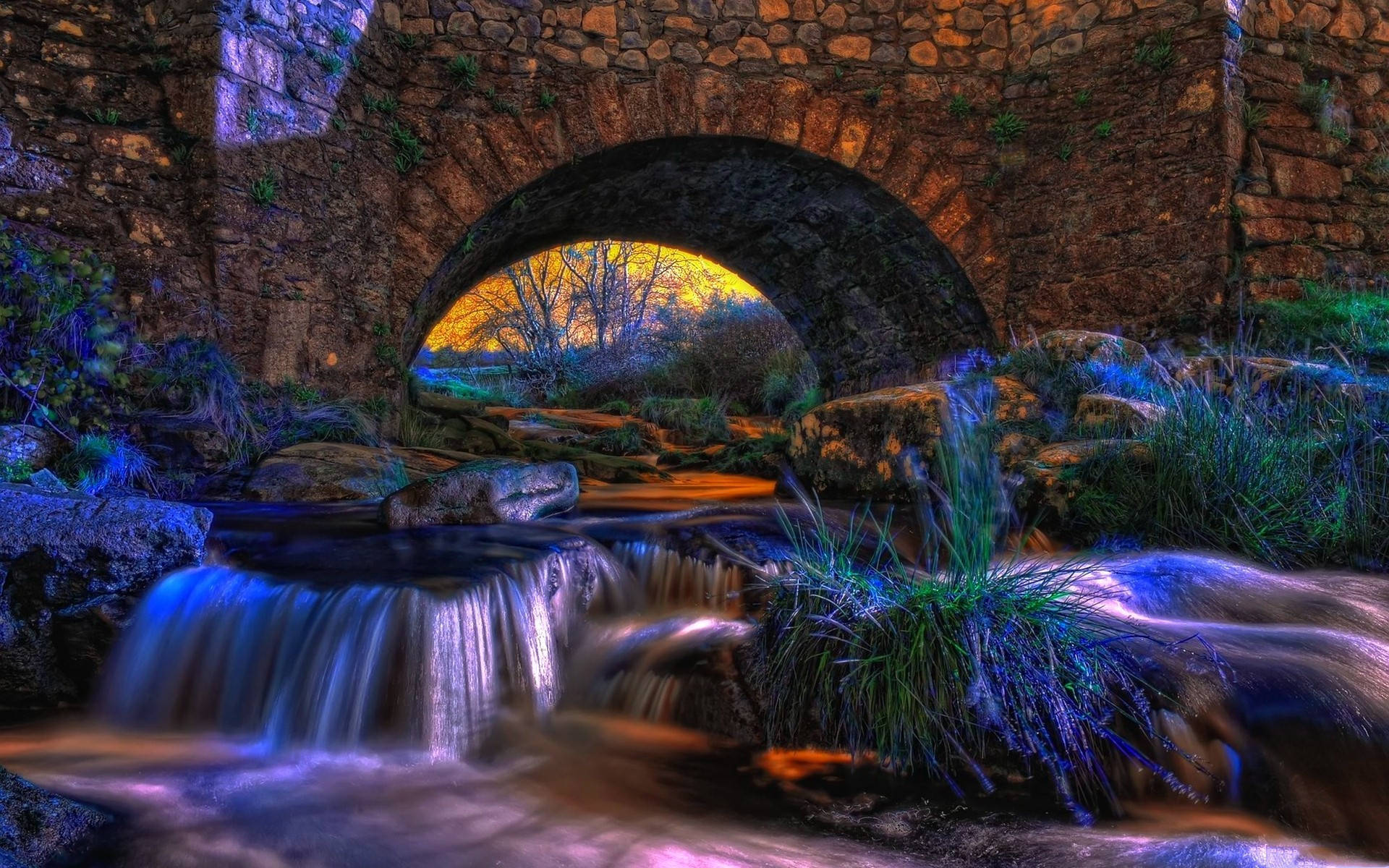 Windows 11 4K, magical falls, stone arch bridge, Full HD Desktop Wallpaper