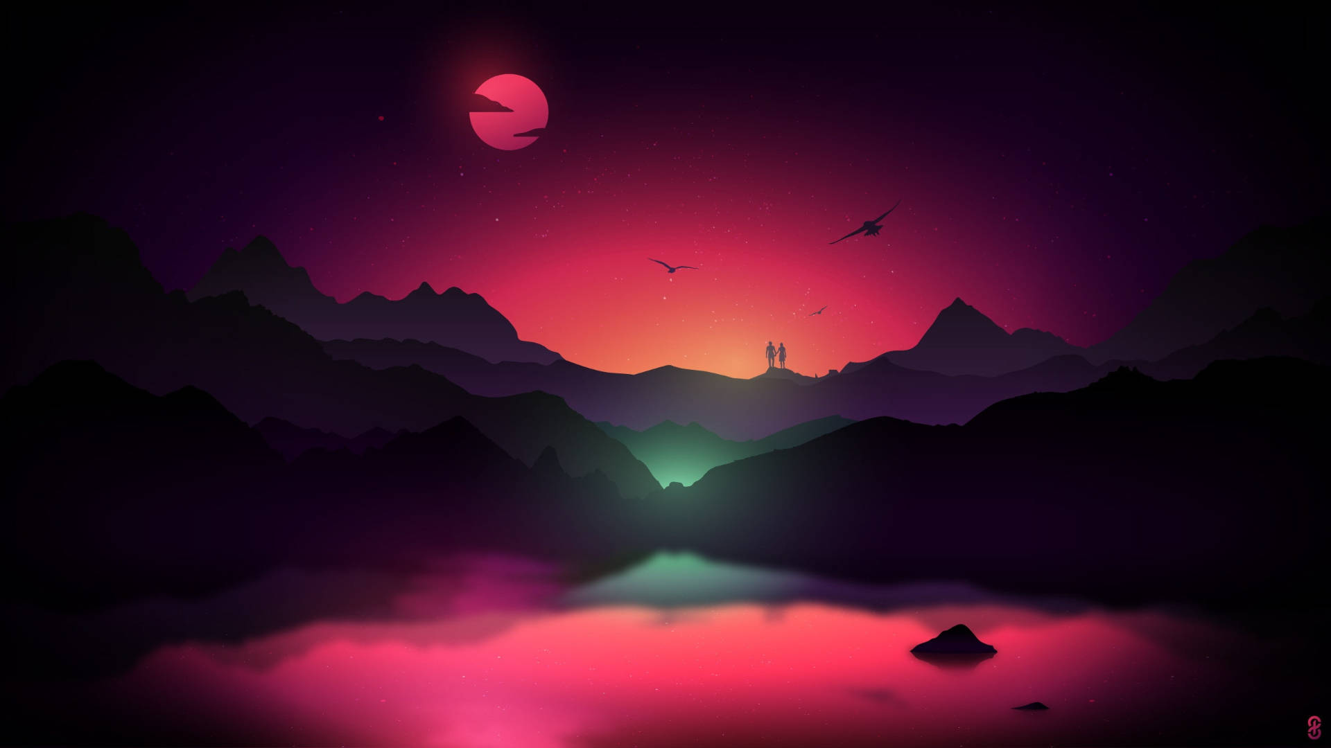 Windows 11 4K, mountain ridge, glowing pink moon, Full HD Desktop Wallpaper
