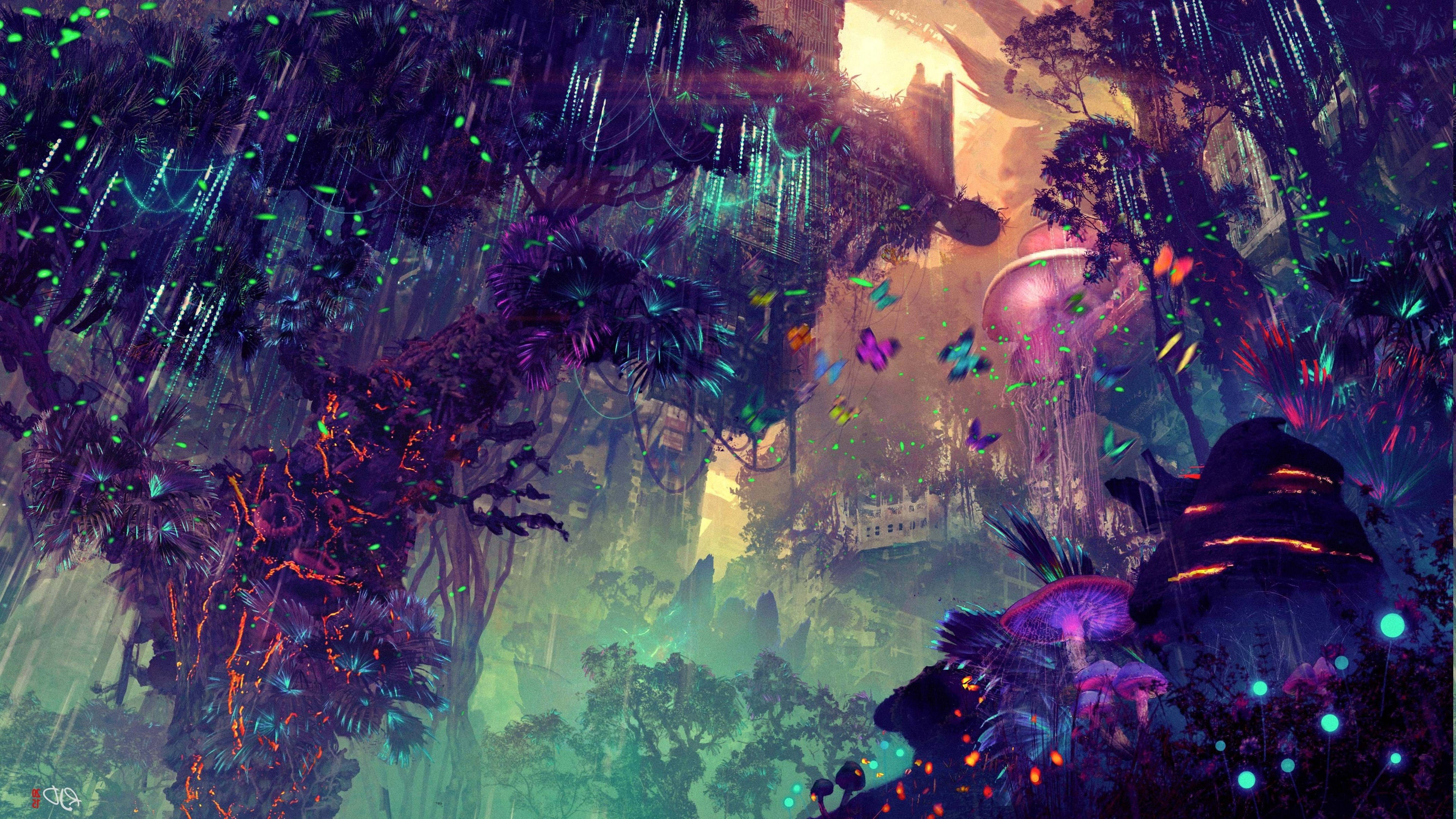 Windows 11 4K, surreal digital forest, glowing neon vines, 4K Desktop Wallpaper