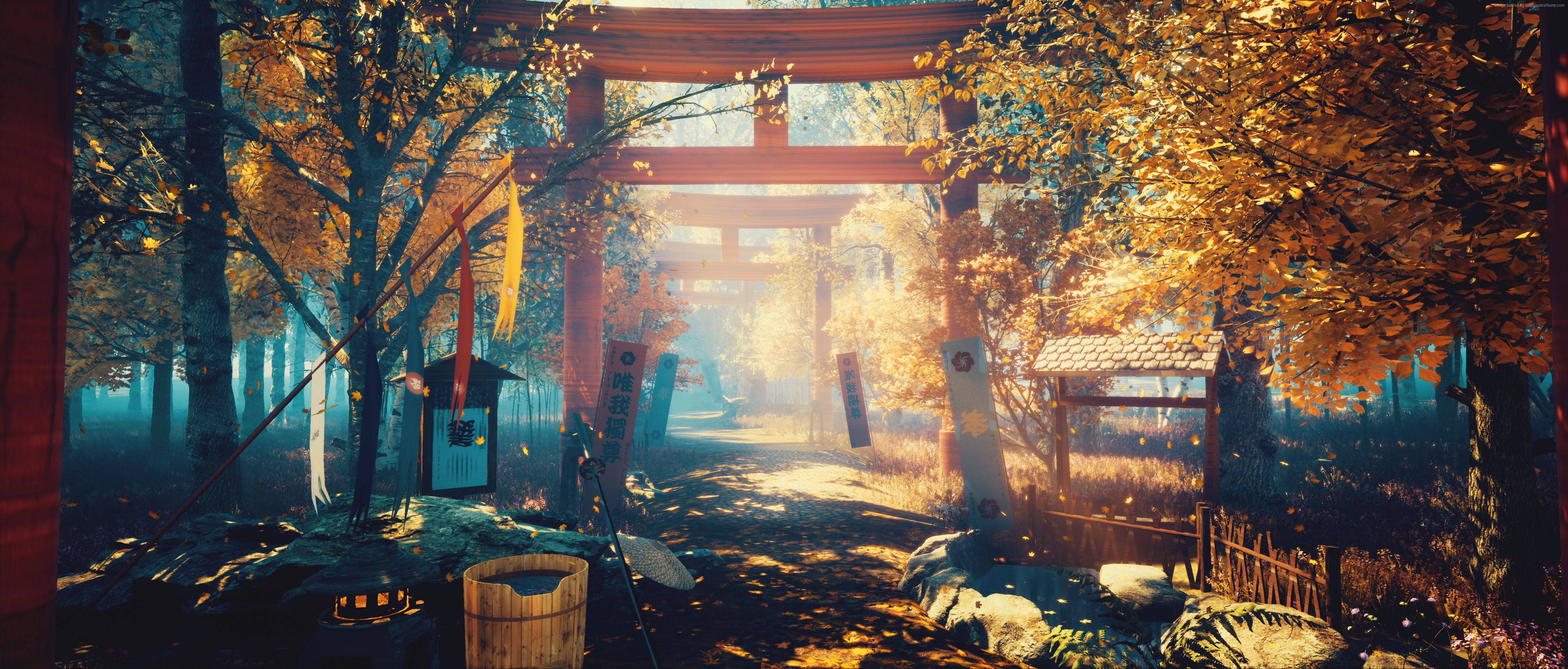 Windows 11 4K, torii gate, autumn forest, 5K Desktop Wallpaper