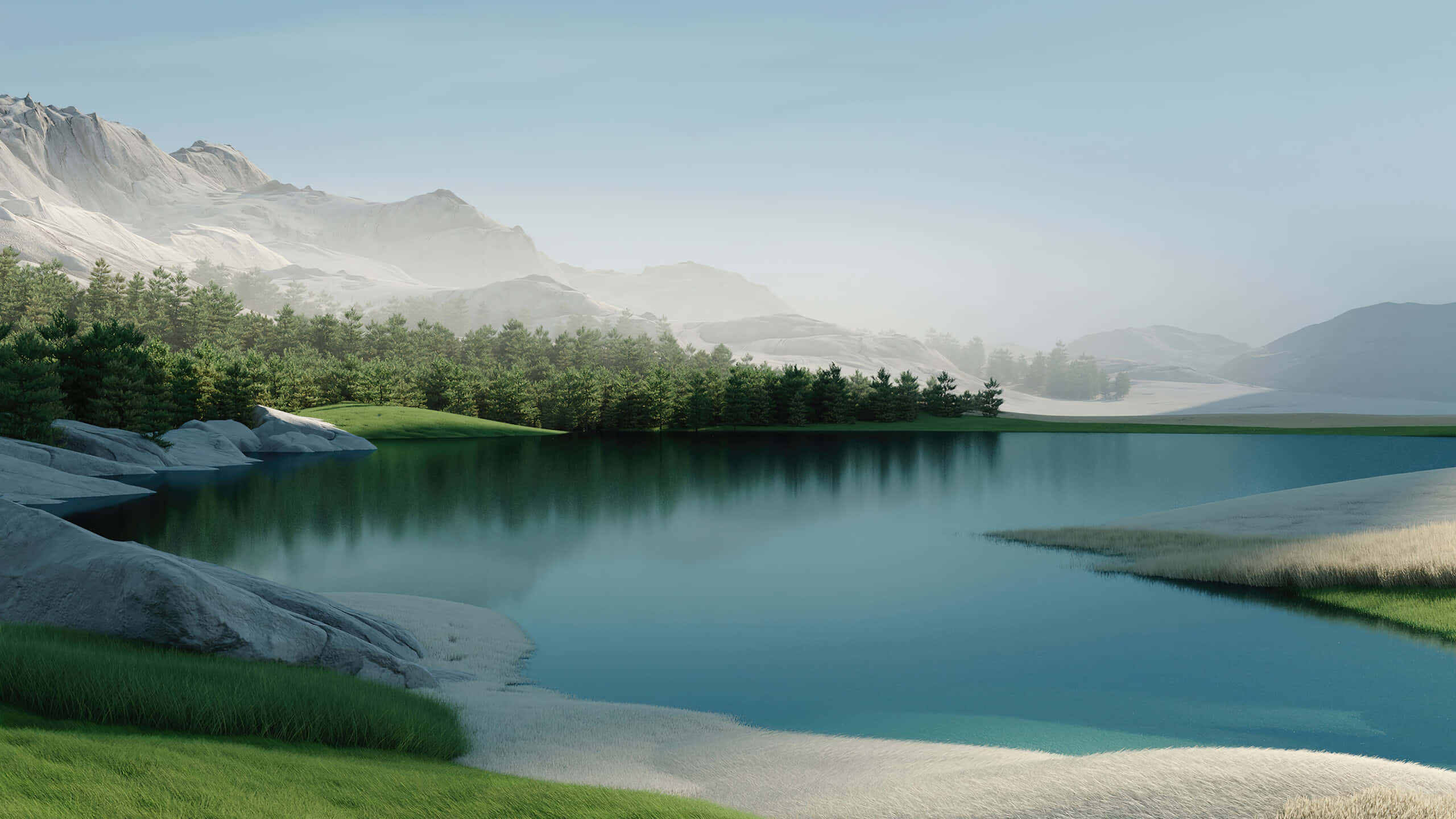 serene lake, mountain view, clear blue skies, 2K Desktop Wallpaper