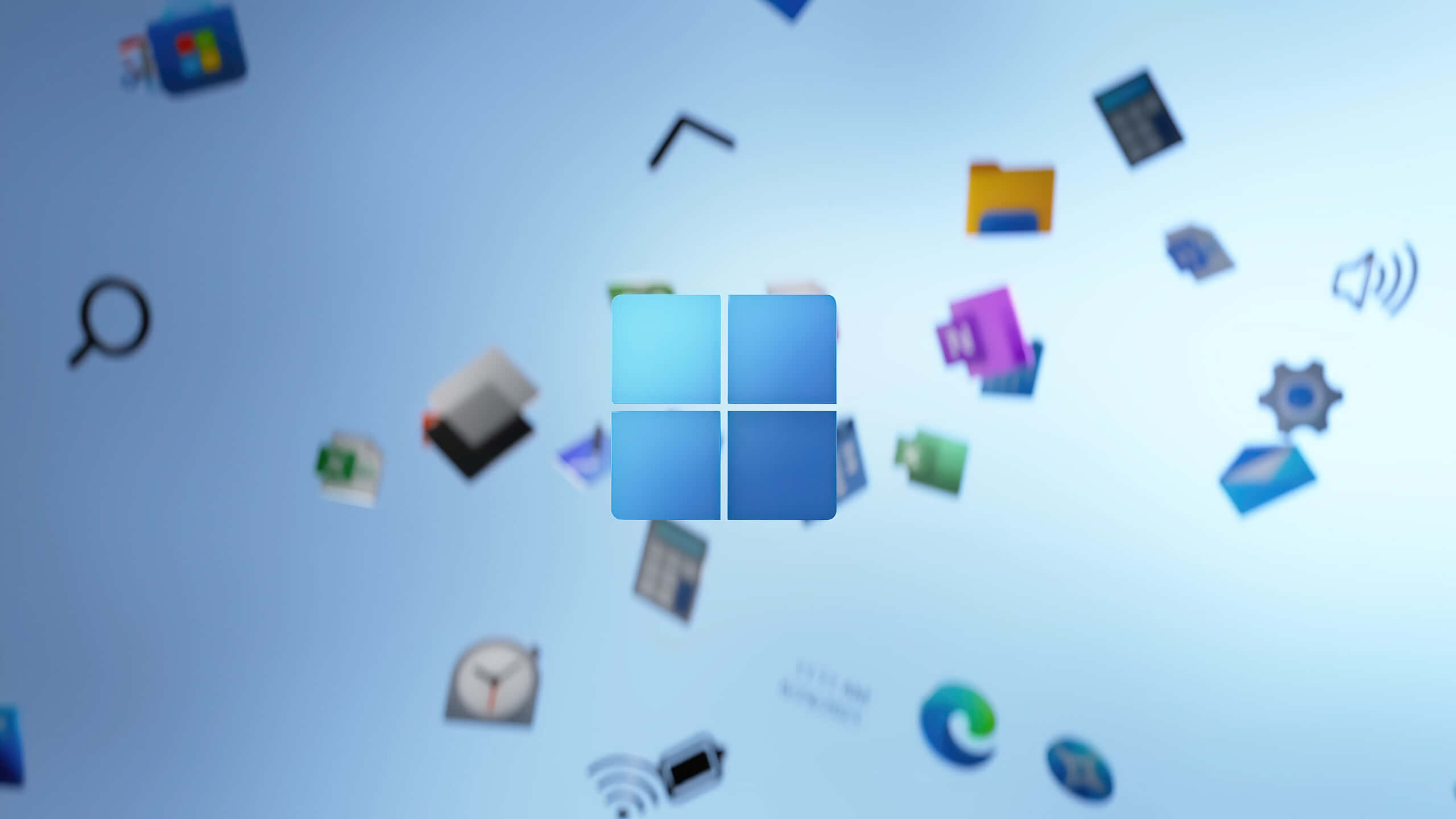 Windows 11 Lock Screen, Windows logo, floating app icons, 2K Desktop Wallpaper