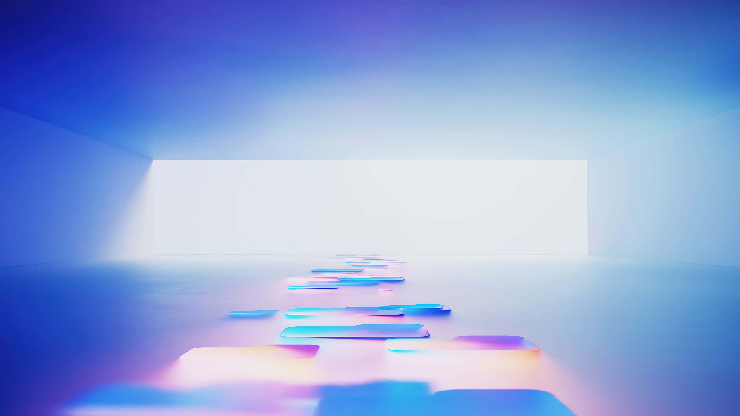 futuristic blue corridor, glowing neon platforms, bright rectangular light source, 2K Desktop Wallpaper