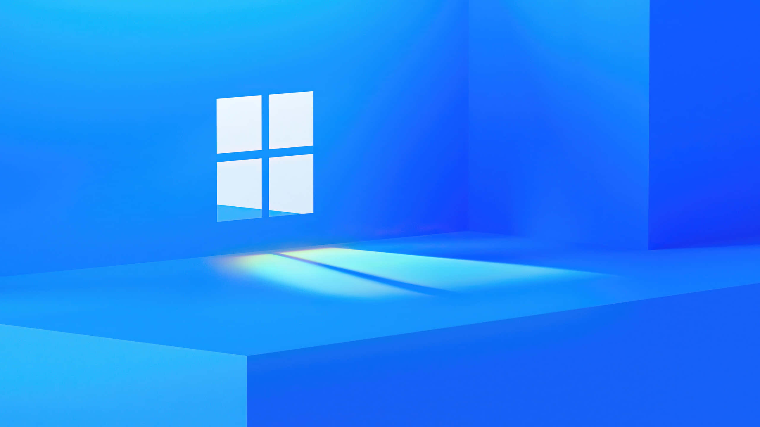 Windows 11, blue room, glowing white Windows logo, 2K Desktop Wallpaper