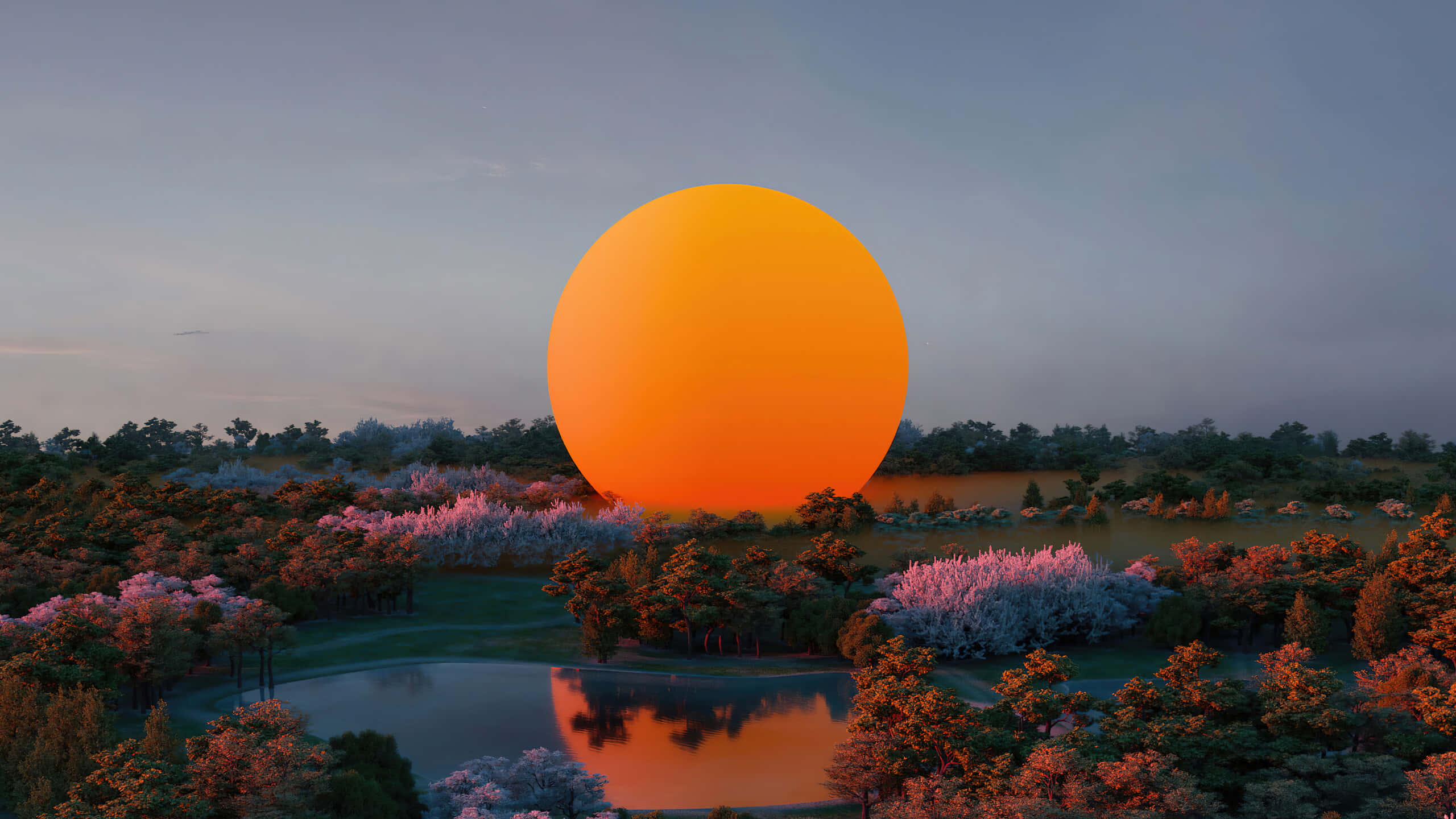 sunset, pastel forest, lake, 2K Desktop Wallpaper