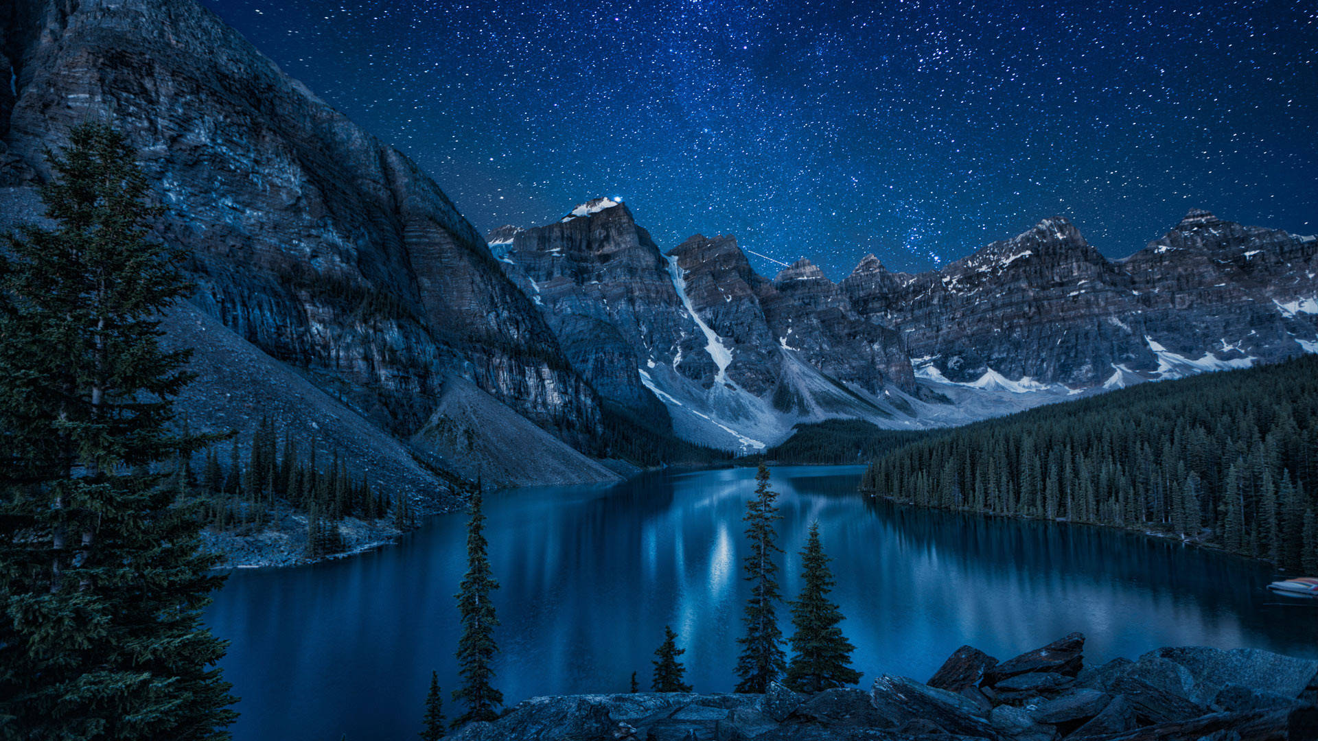 starry night sky, tranquil mountain lake, snow-capped peaks, Full HD Desktop Wallpaper