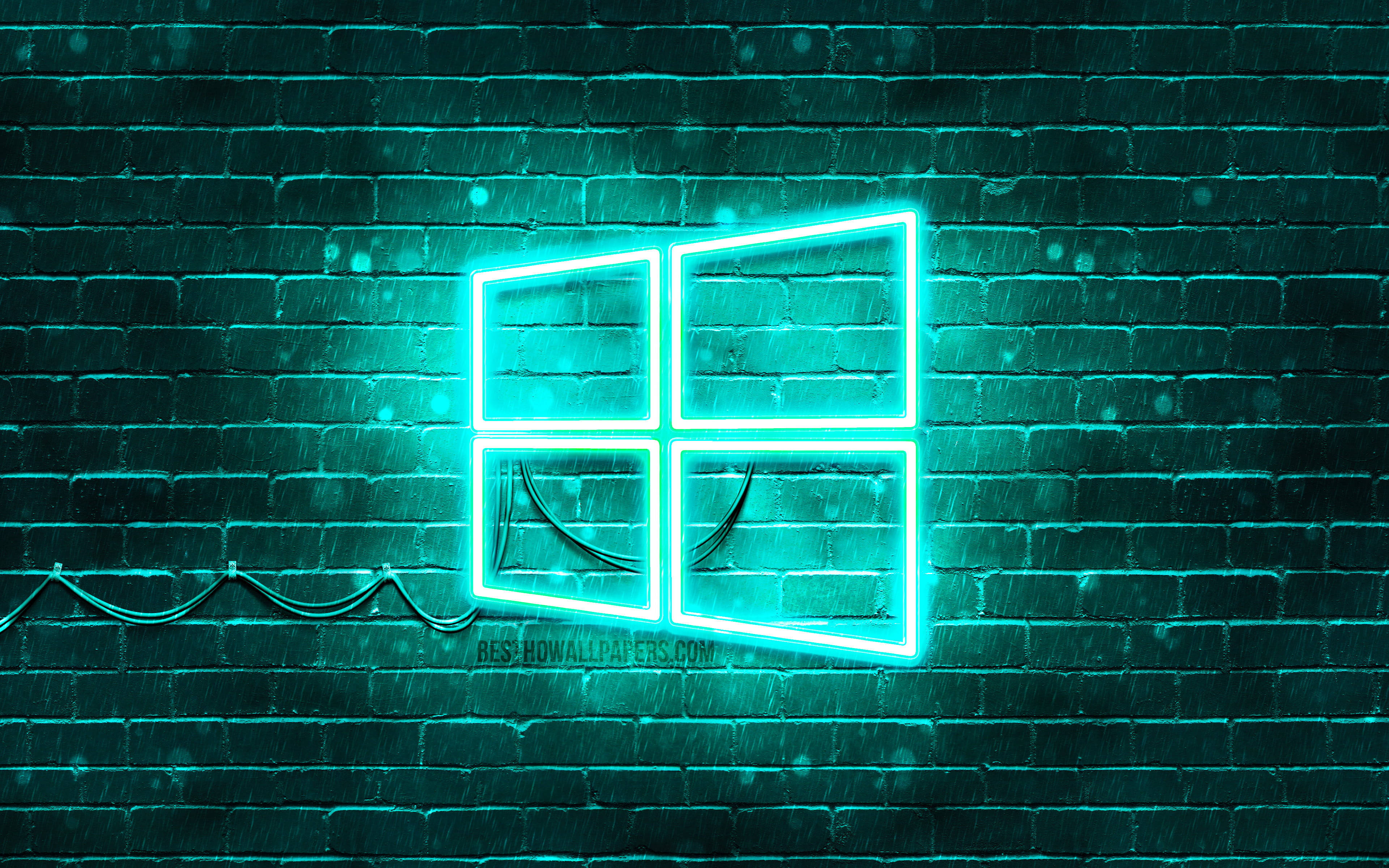 Windows 11 Logo, cyan neon, wet brick wall, 4K Desktop Wallpaper