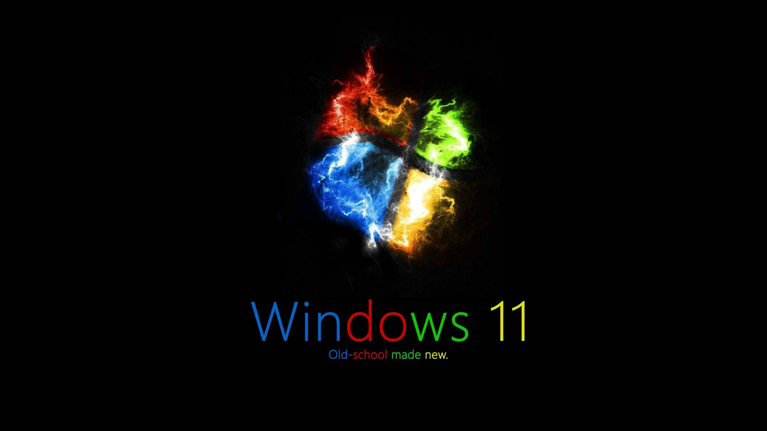 Windows 11, fiery red green blue and yellow energy, black background, 2K Desktop Wallpaper