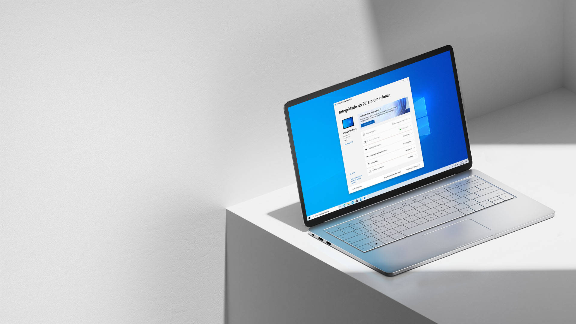 Windows 11, white ledge, sleek silver laptop, Full HD Desktop Wallpaper