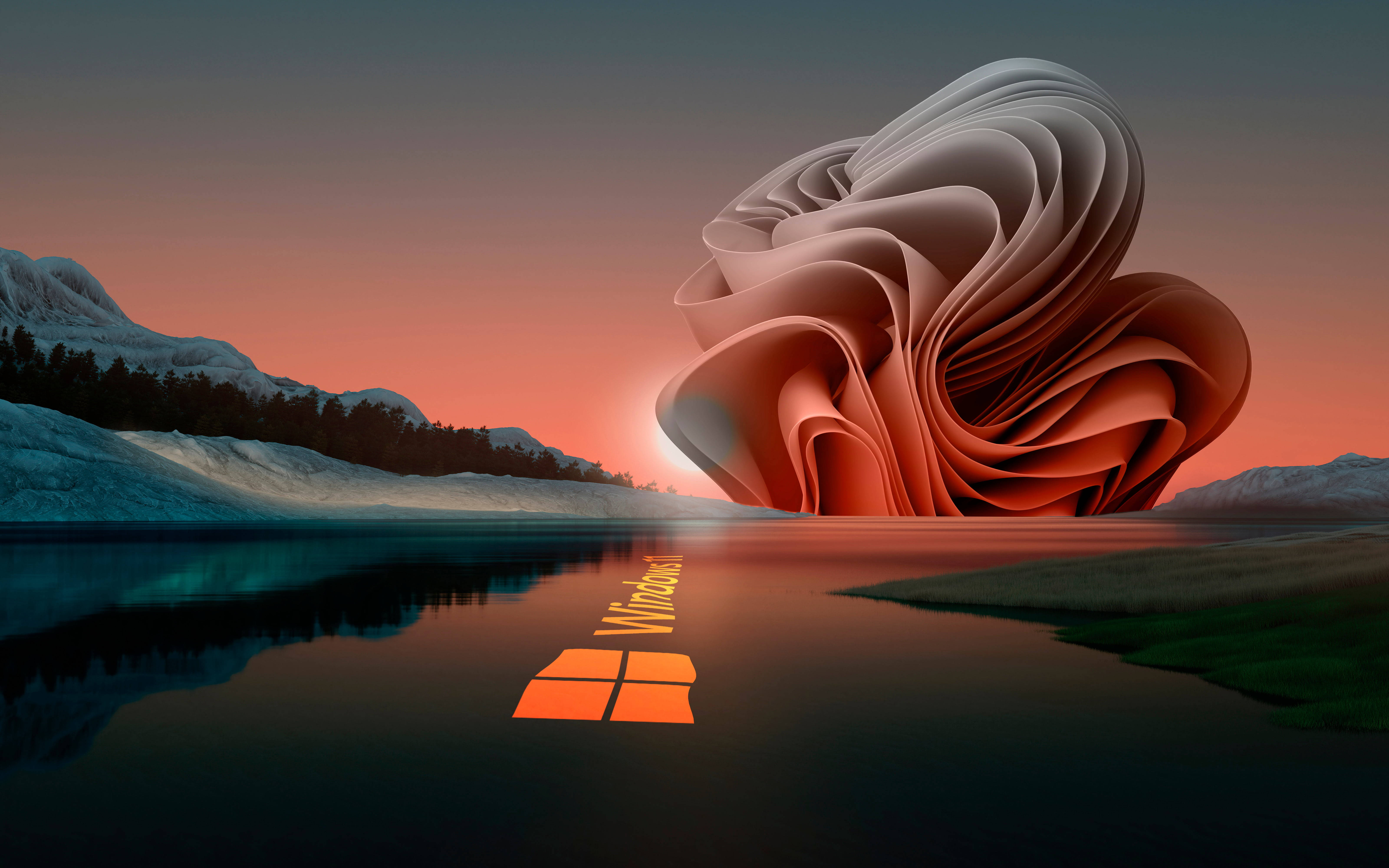 Windows 11 logo, surreal sunset scene, abstract flower-like structure, 5K Desktop Wallpaper